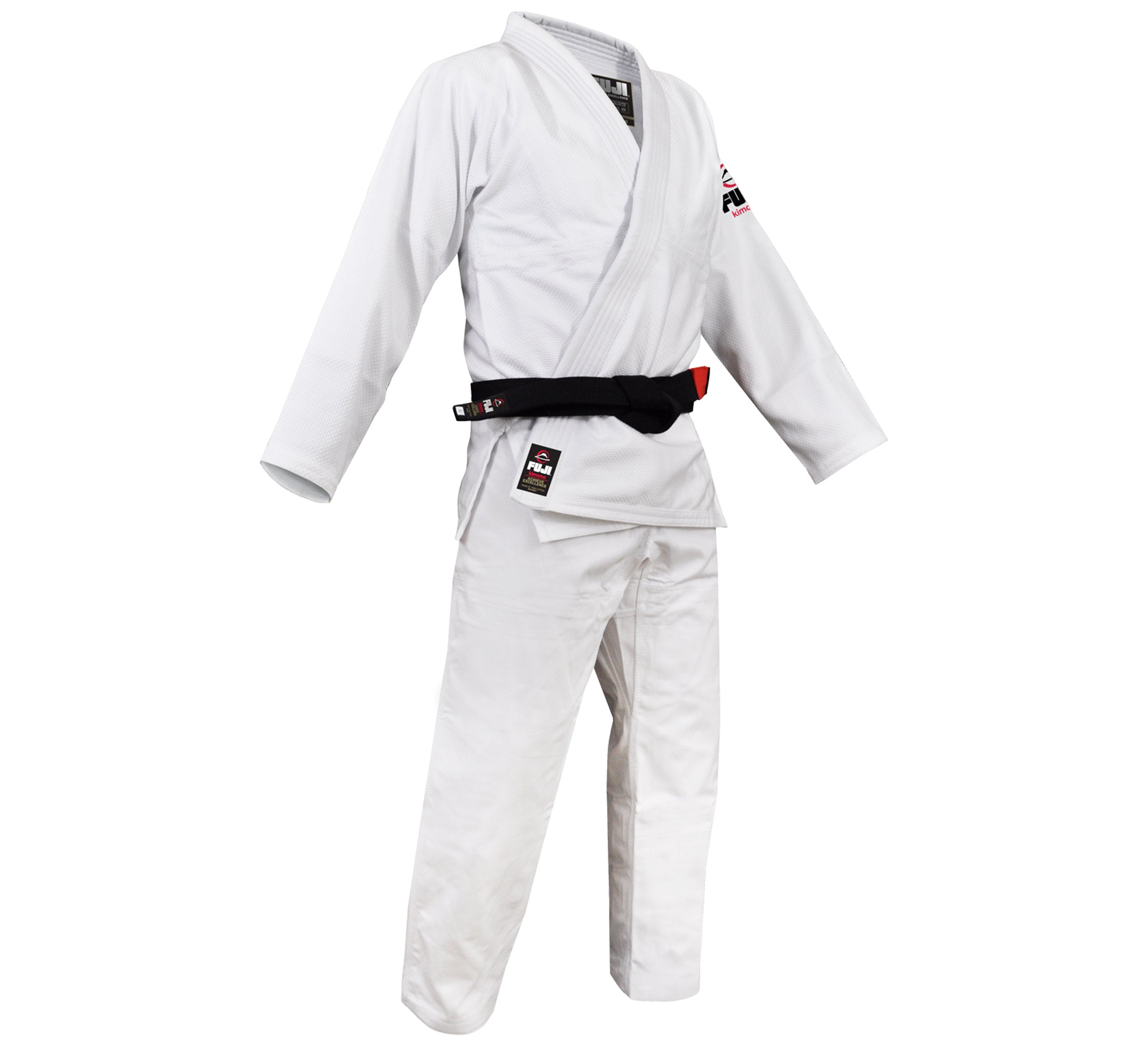 The All Around BJJ Gi, in white, is shown on a mannequin with a black belt around the waist against a white background.