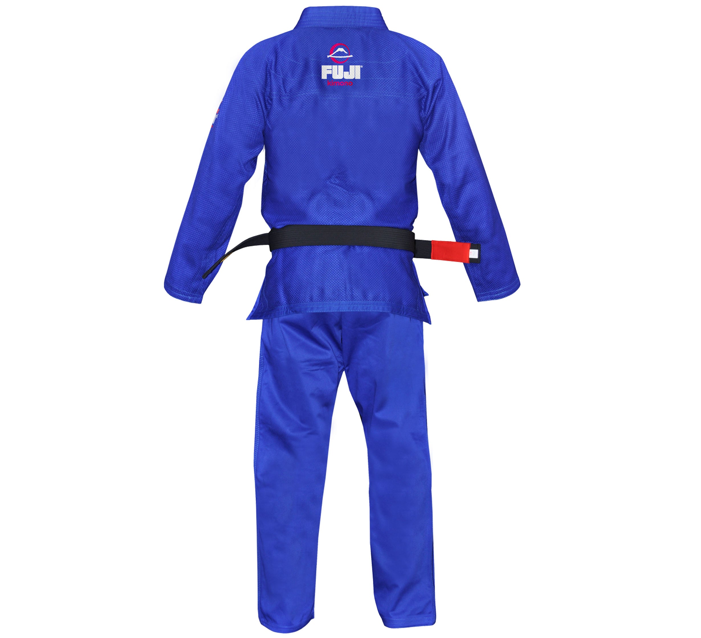 The All Around Kids BJJ Gi in blue is shown from the back with a black belt featuring a red bar. The gi displays the FUJI name and mountain logo on the upper back.
