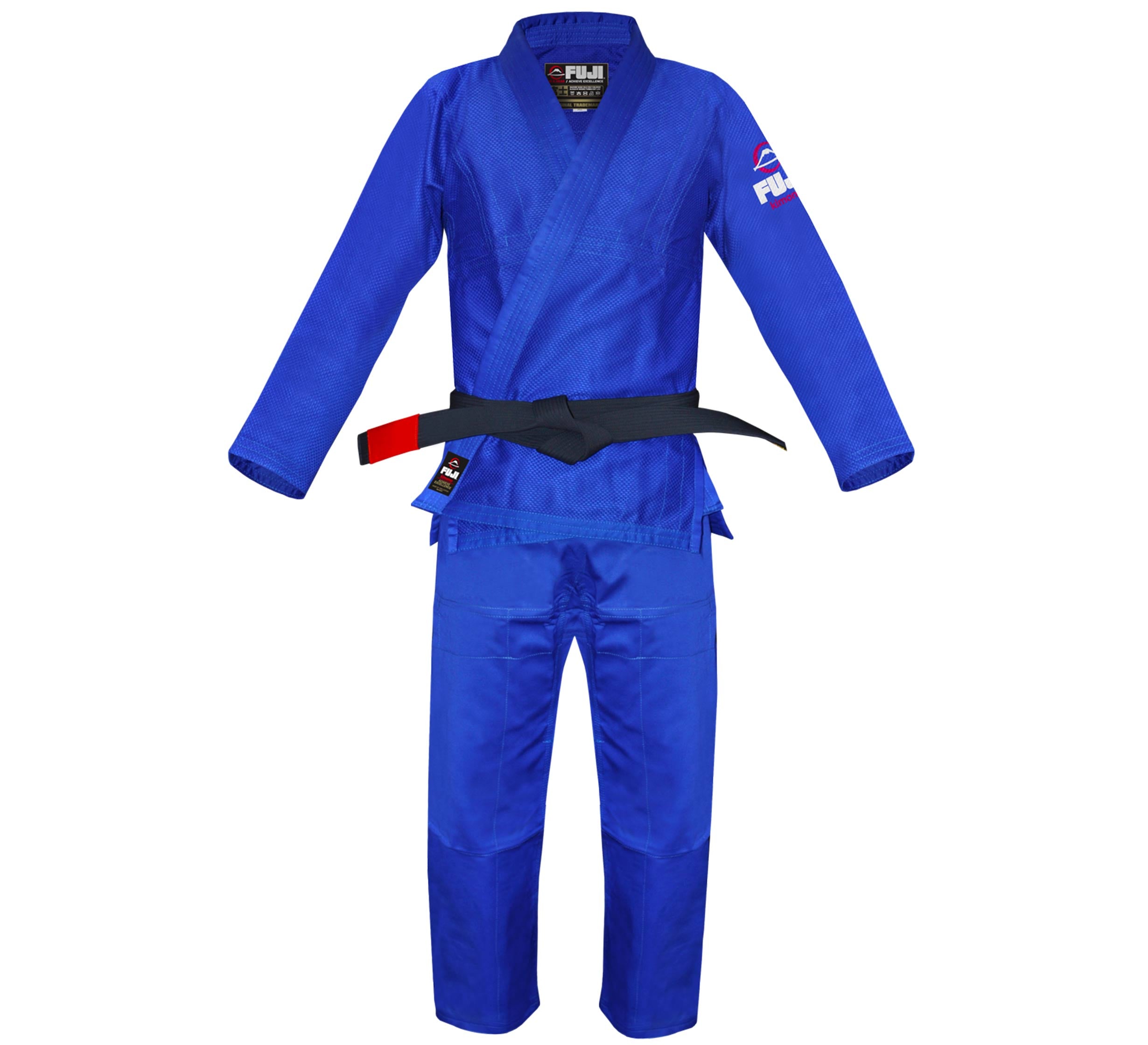 The All Around Kids BJJ Gi is a blue Brazilian Jiu-Jitsu uniform displayed upright with arms and legs spread, featuring a patch on the left arm, a Fuji logo on the chest, and styled with a black belt.