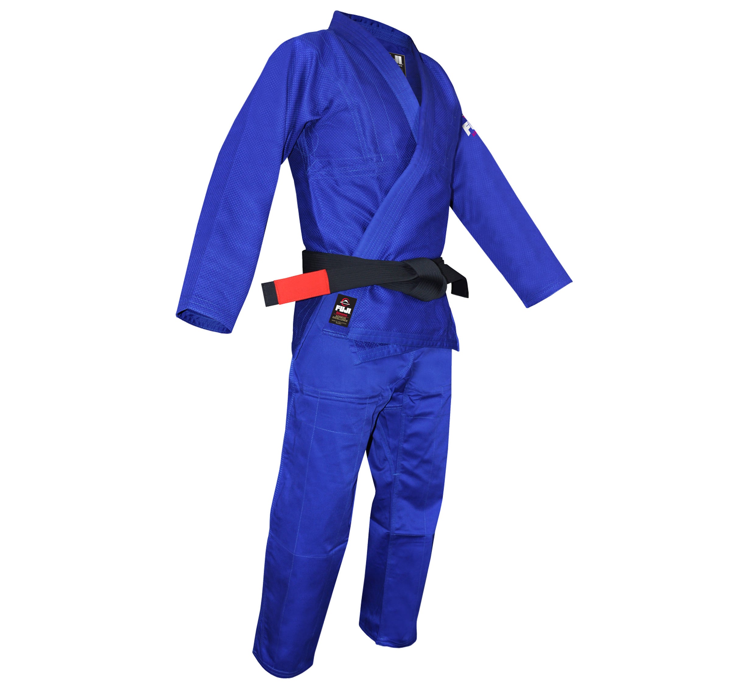 The All Around BJJ Gi in blue is shown with a black belt on an invisible mannequin against a white background.