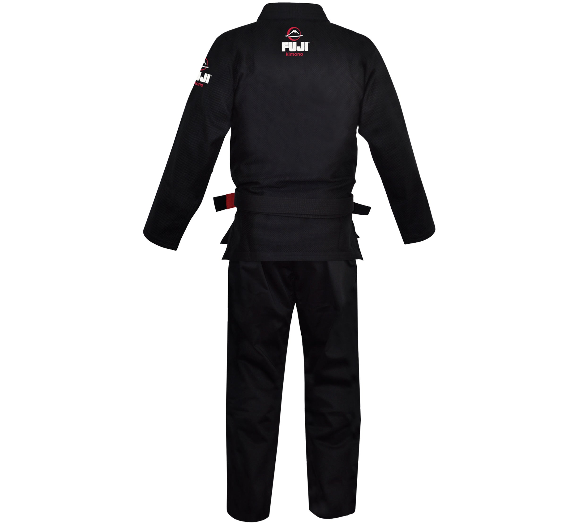 The All Around BJJ Gi Black, shown from the back with FUJI logos on the upper back and right shoulder, includes matching black pants and is displayed on a white background.