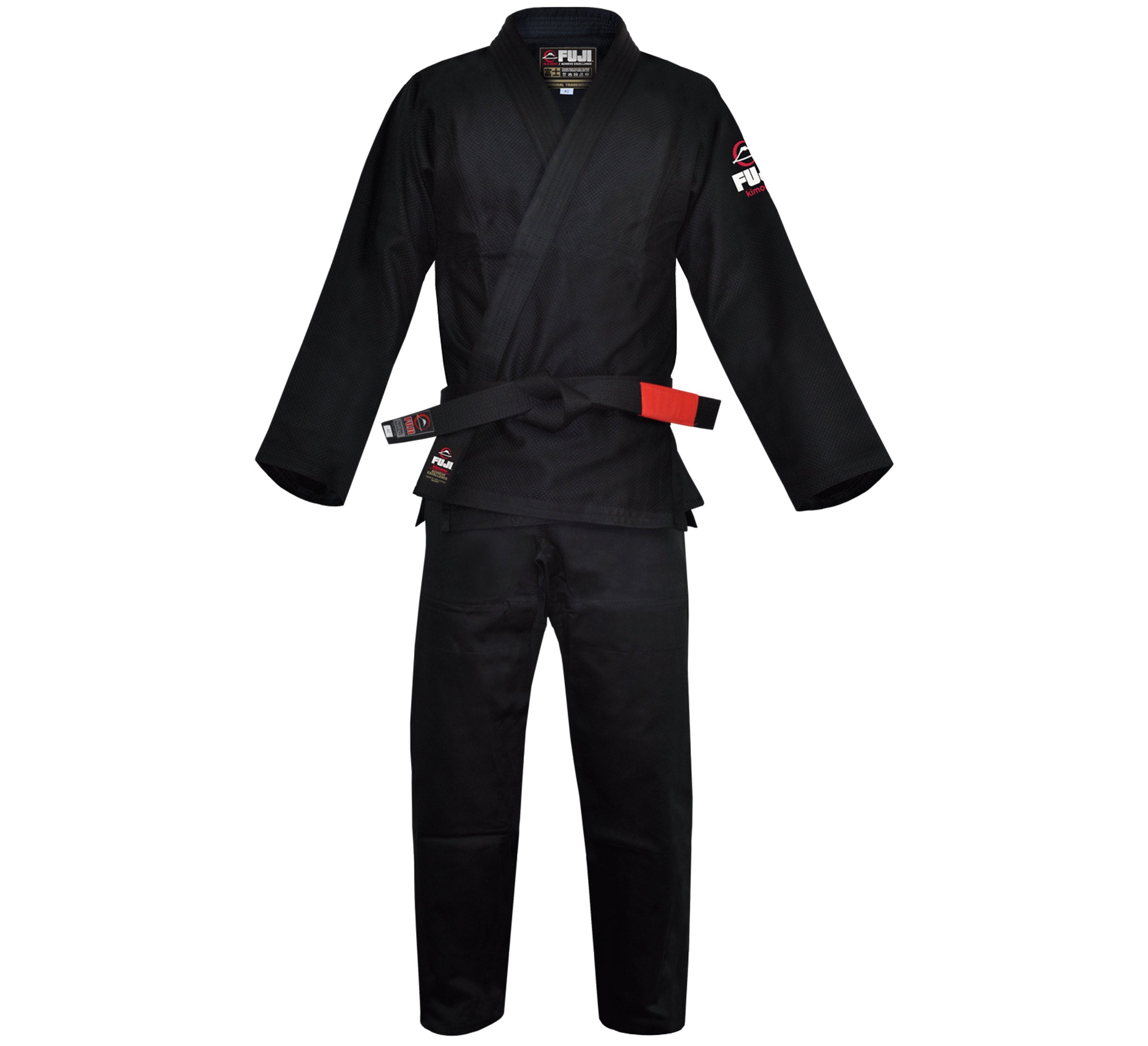 The All Around Kids BJJ Gi Black is shown with a matching black belt, set against a white background. The gi features distinctive patches on the shoulders and at the end of the belt.
