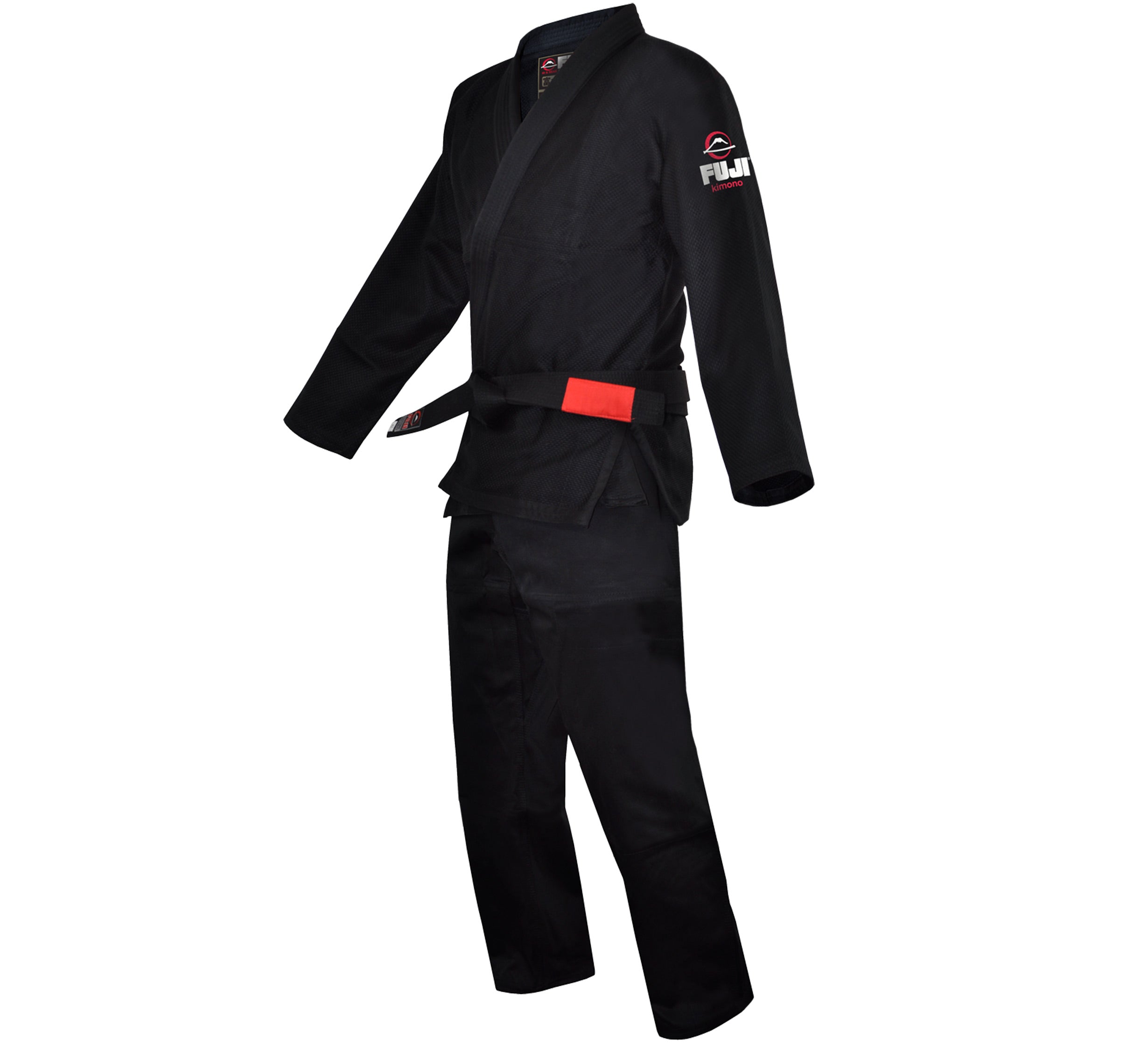 The All Around Kids BJJ Gi Black, shown with a black belt and Fuji logos on the left sleeve and chest, is displayed on an invisible mannequin against a white background.