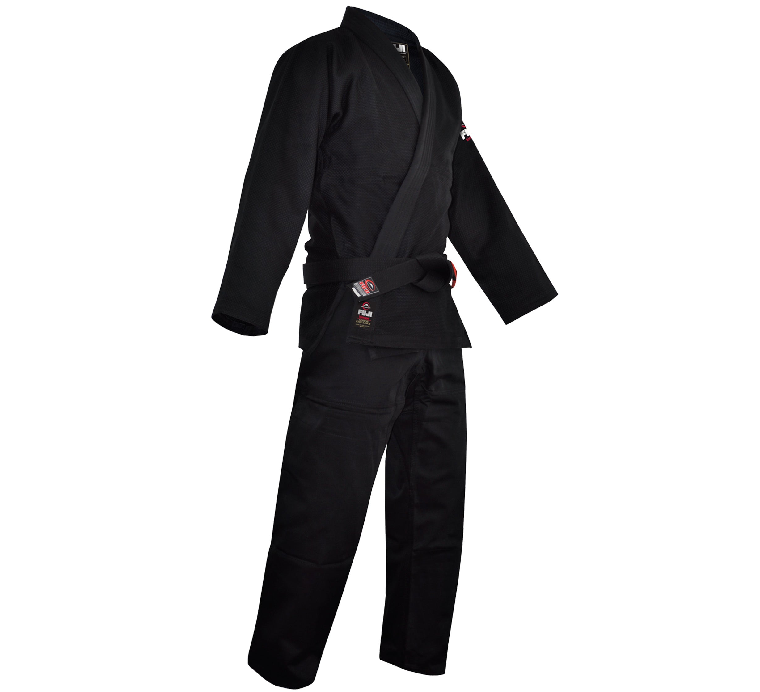 The All Around BJJ Gi, shown in black with a matching belt, features a jacket and pants displayed on an invisible mannequin against a white background.