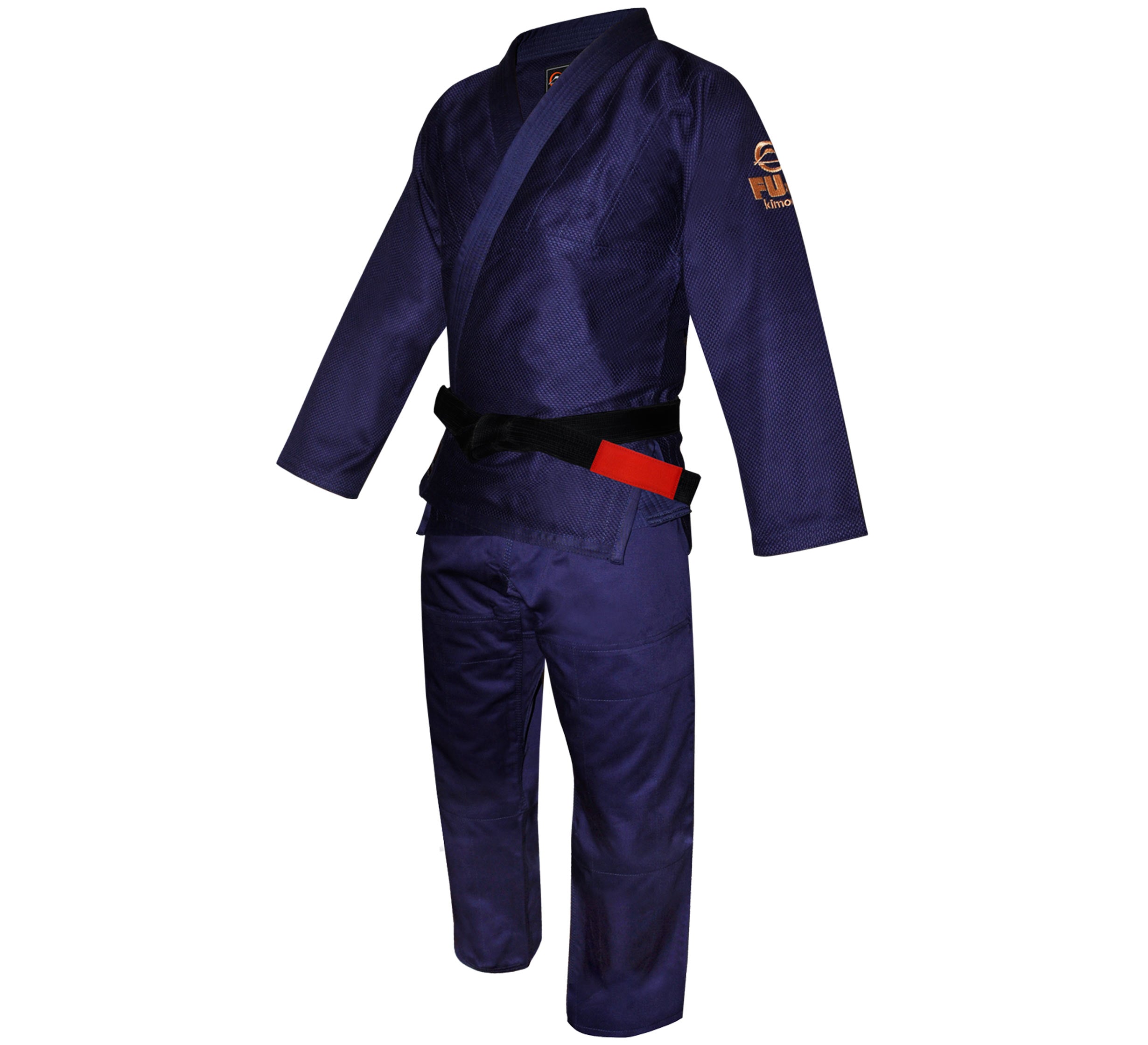 The All Around BJJ Gi in navy blue, shown with a black belt on a white background. It features long sleeves, matching pants, and a logo on the upper arm.