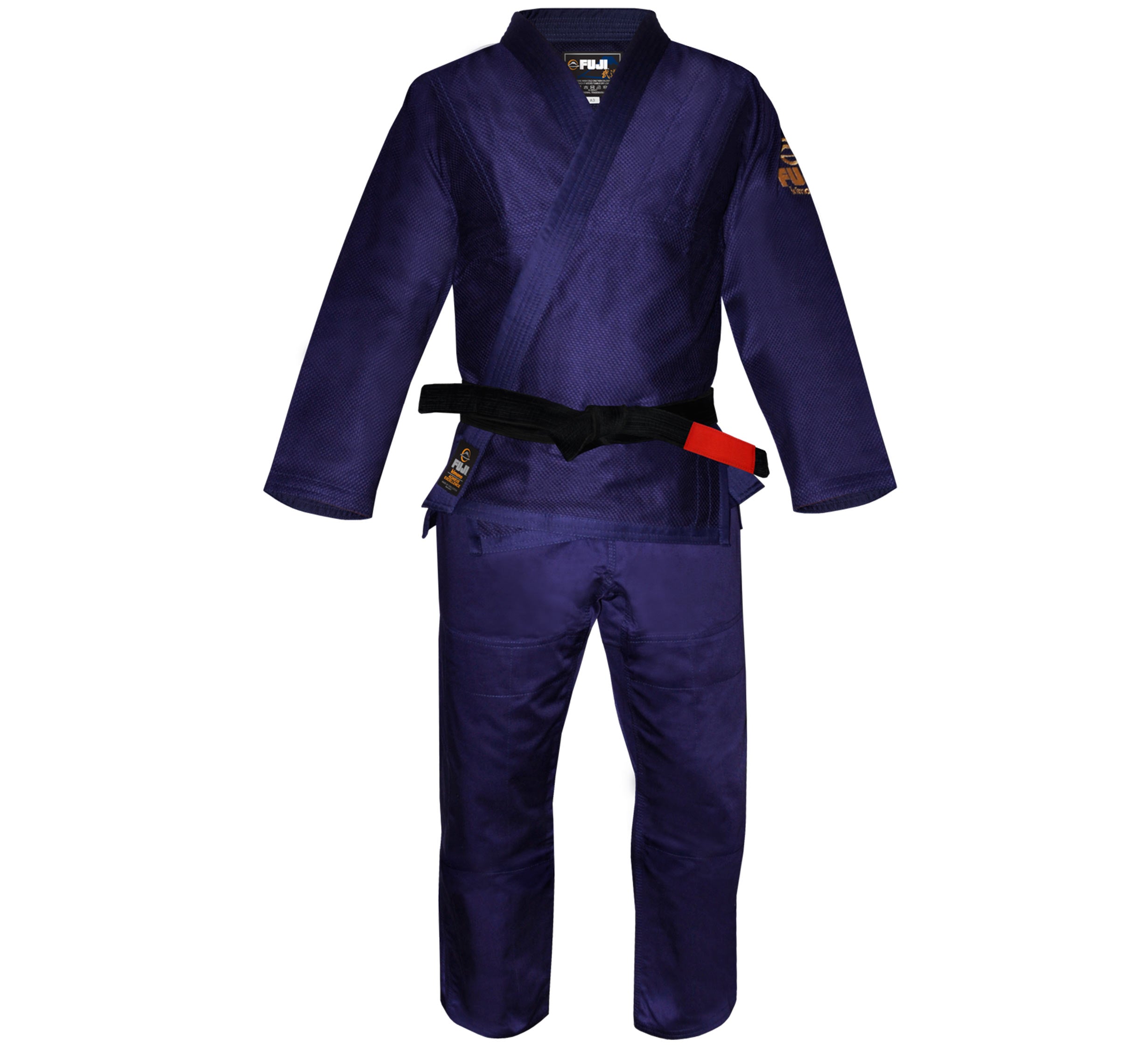 The All Around Kids BJJ Gi, shown upright and front-facing on a white background, is dark blue with sleeve patches and comes with a black belt featuring a red rank bar.