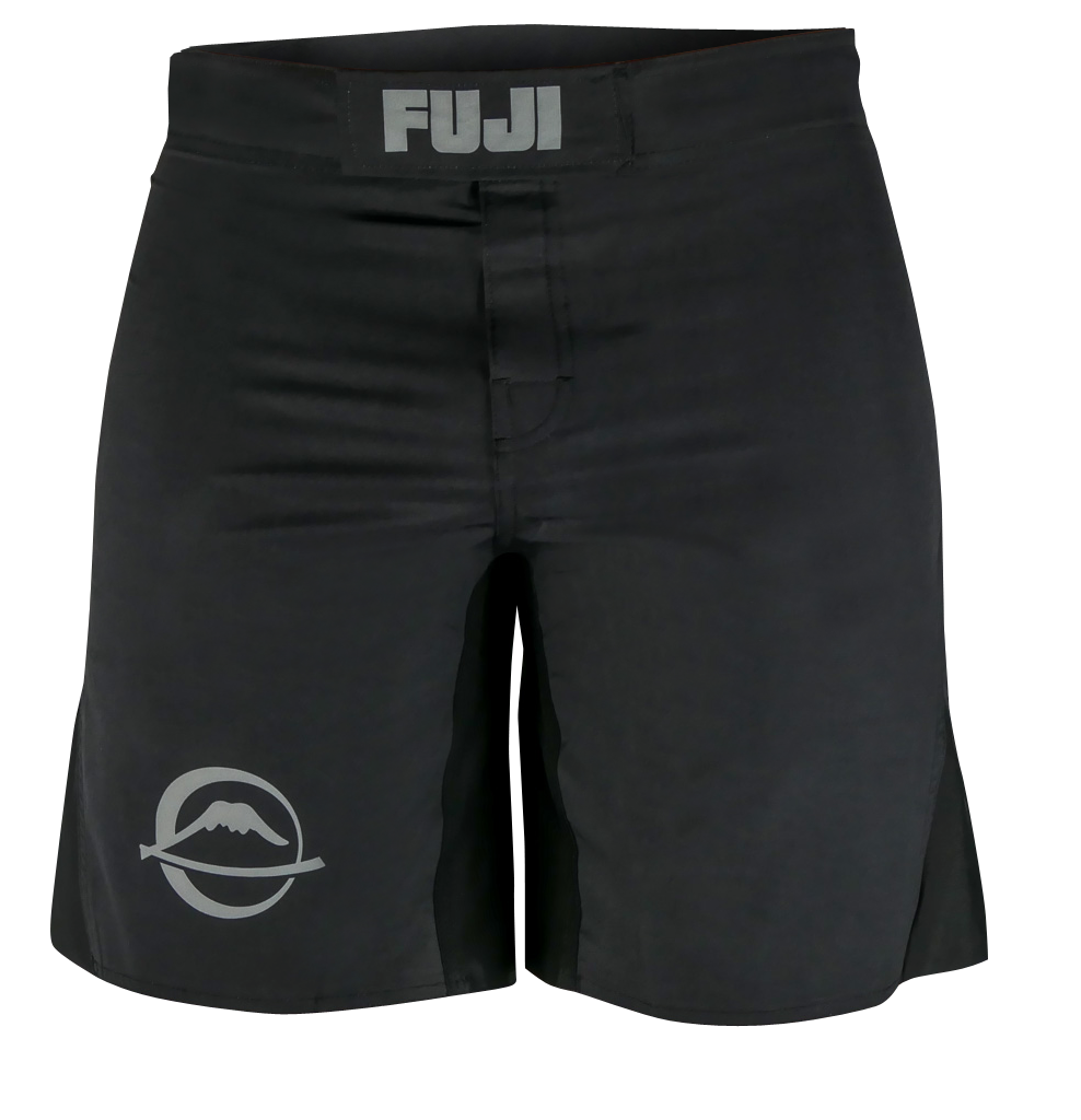 Baseline Grappling Kids Shorts in black, featuring FUJI on the waistband and a small mountain logo on the left leg.