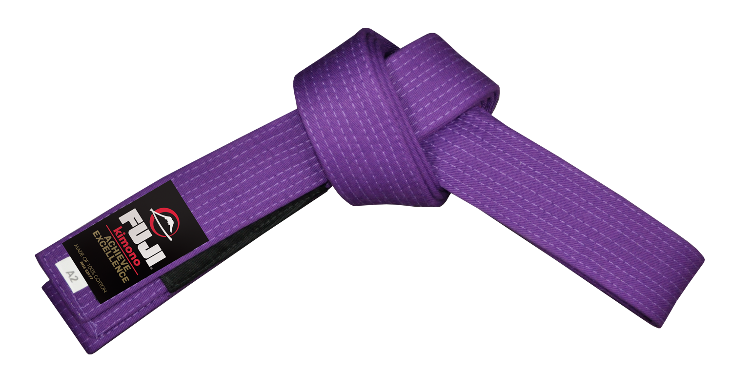 A FUJI Jiu Jitsu Adult Belt in purple, tied in a knot and shown on a white background.
