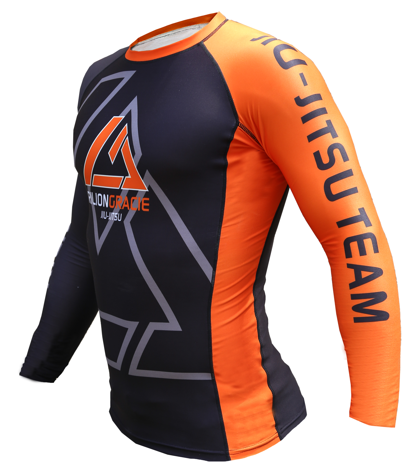 The Rilion Gracie Long Sleeve Kids Rashguard features black and orange panels, "Jiu-Jitsu Team" on the right sleeve, and a large "Rilion Gracie Jiu-Jitsu" logo on the chest.