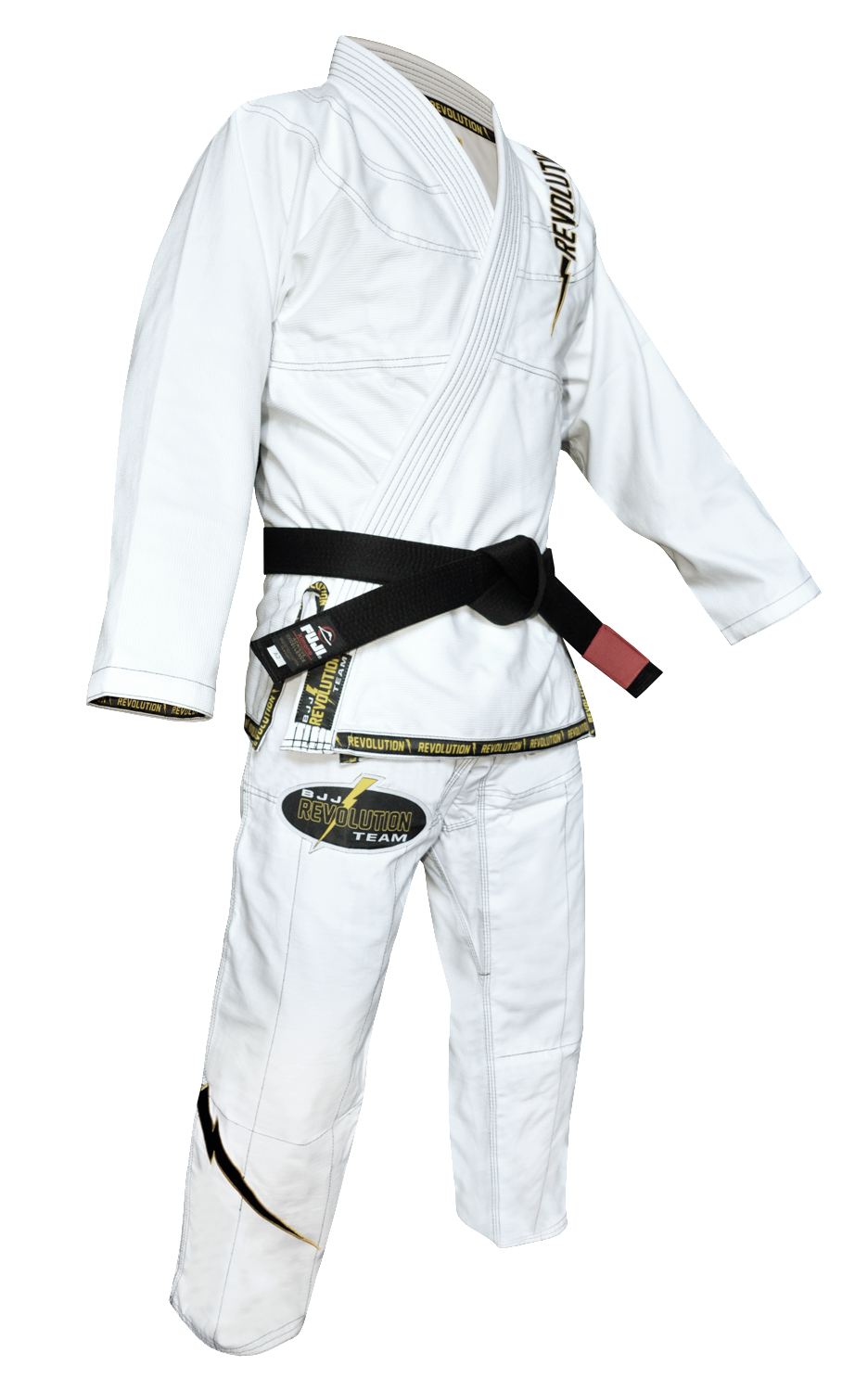 The BJJ Revolution Super Lite Kids Gi, featuring a white design with gold and black patches, embroidered details, and a black belt, is displayed on a mannequin against a plain background.