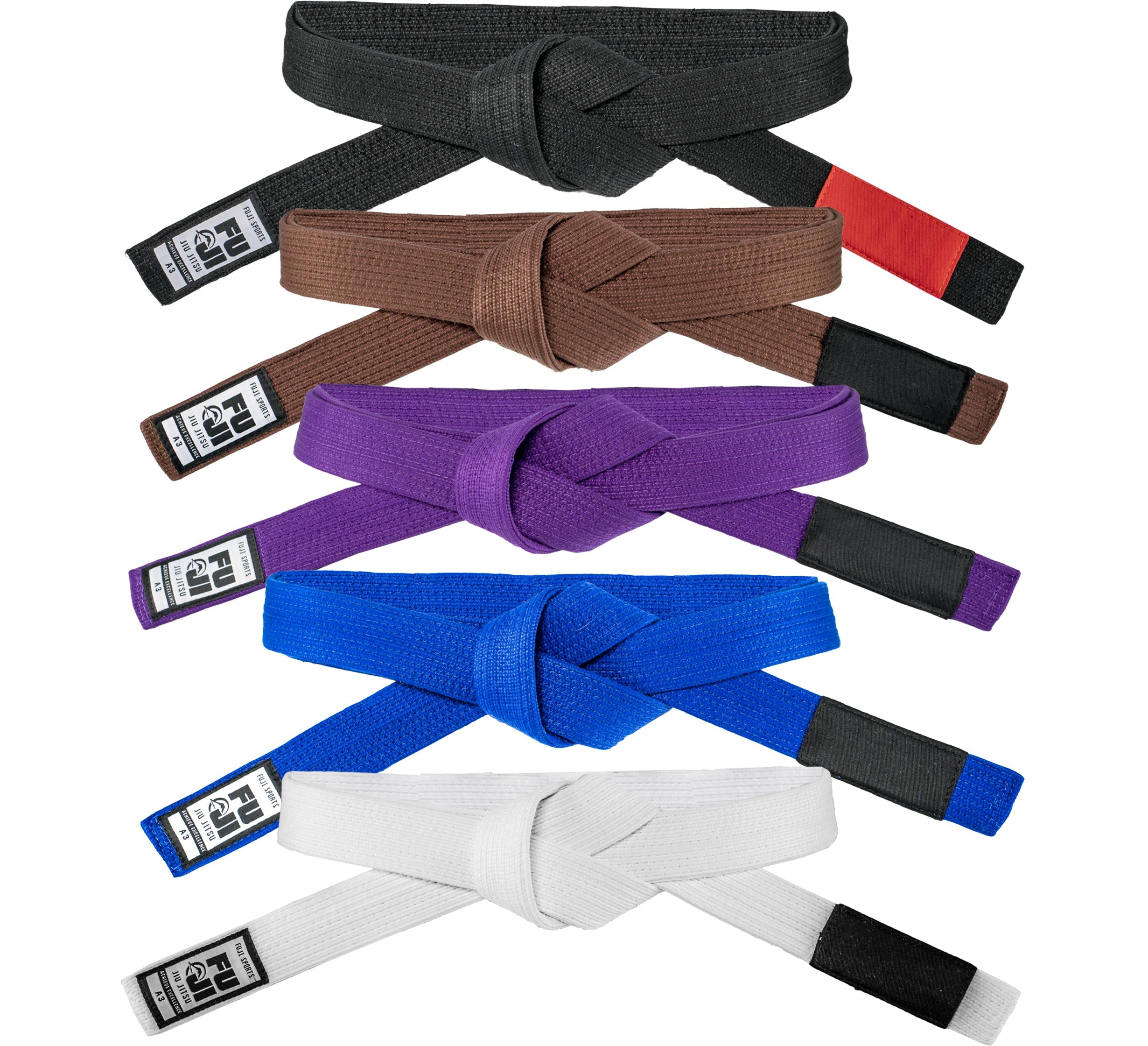 Five Premium Pearl Weave BJJ Belts in black, brown, purple, blue, and white are stacked vertically, each neatly knotted with visible branded labels on the ends.