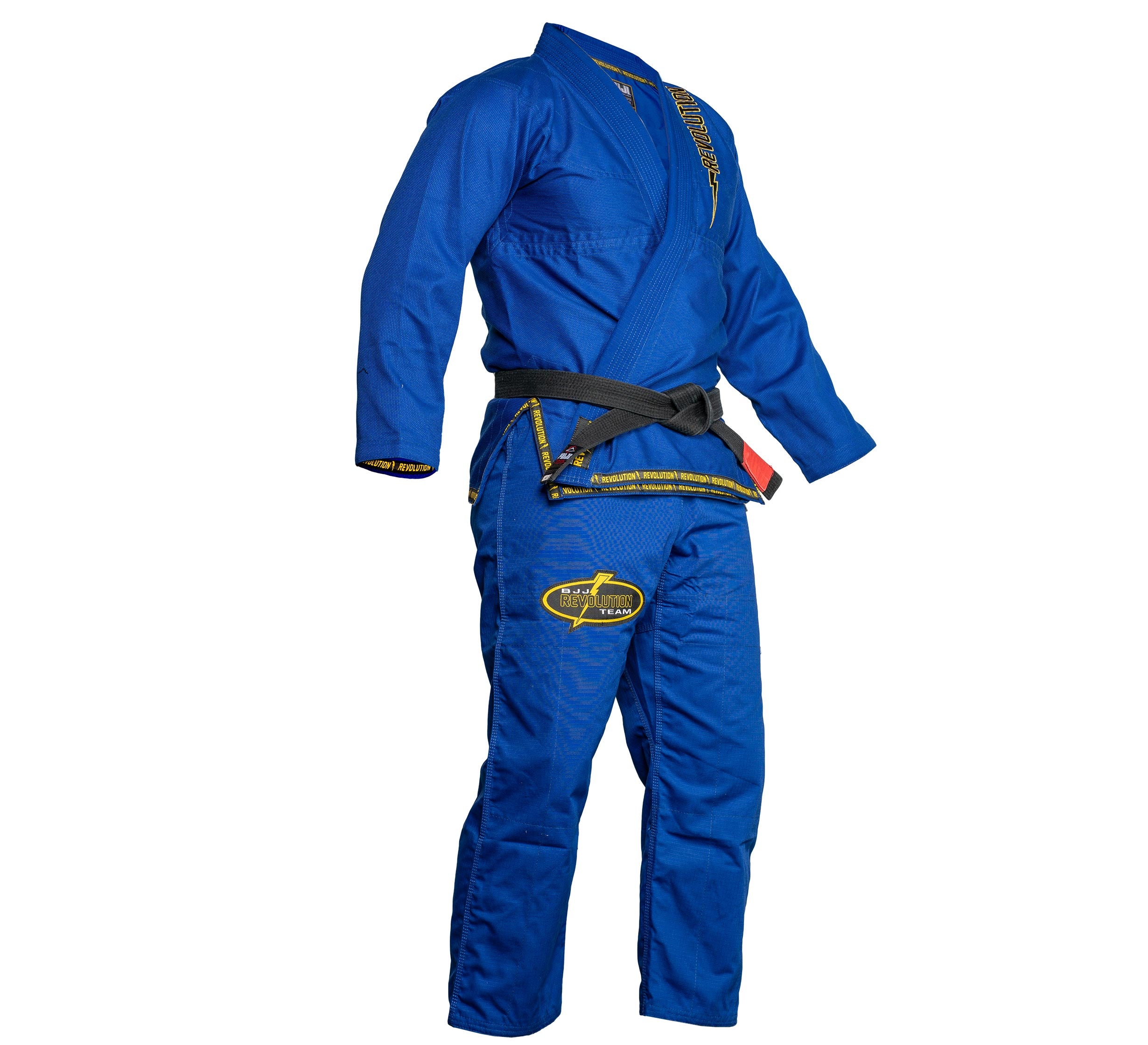 The BJJ Revolution Super Lite Kids Gi in blue, shown with yellow embroidery and stitching, is displayed on a mannequin with a black belt tied at the waist.