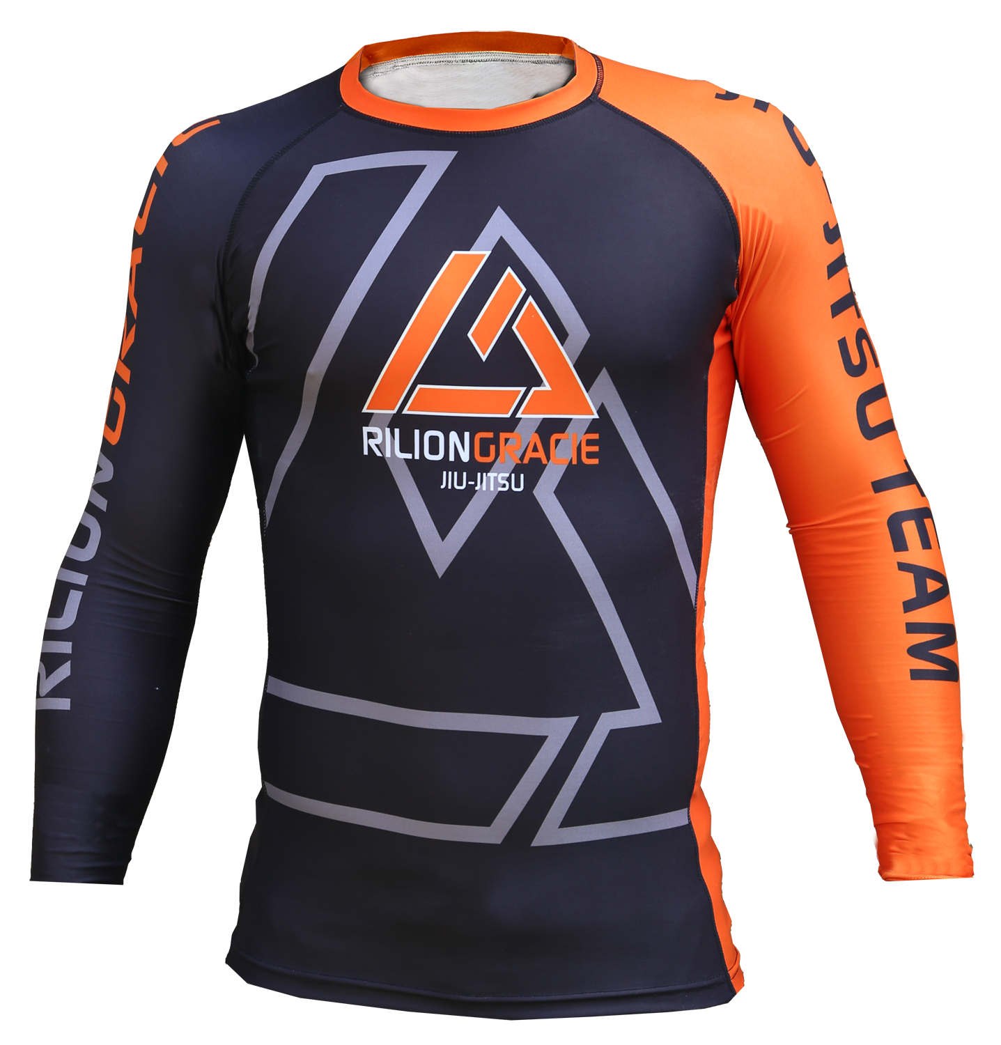 The Rilion Gracie Long Sleeve Kids Rashguard features navy blue and orange panels, a triangular Rilion Gracie Jiu-Jitsu chest logo, an orange right sleeve with "Jiu Jitsu Team," and a navy left sleeve with white lettering.