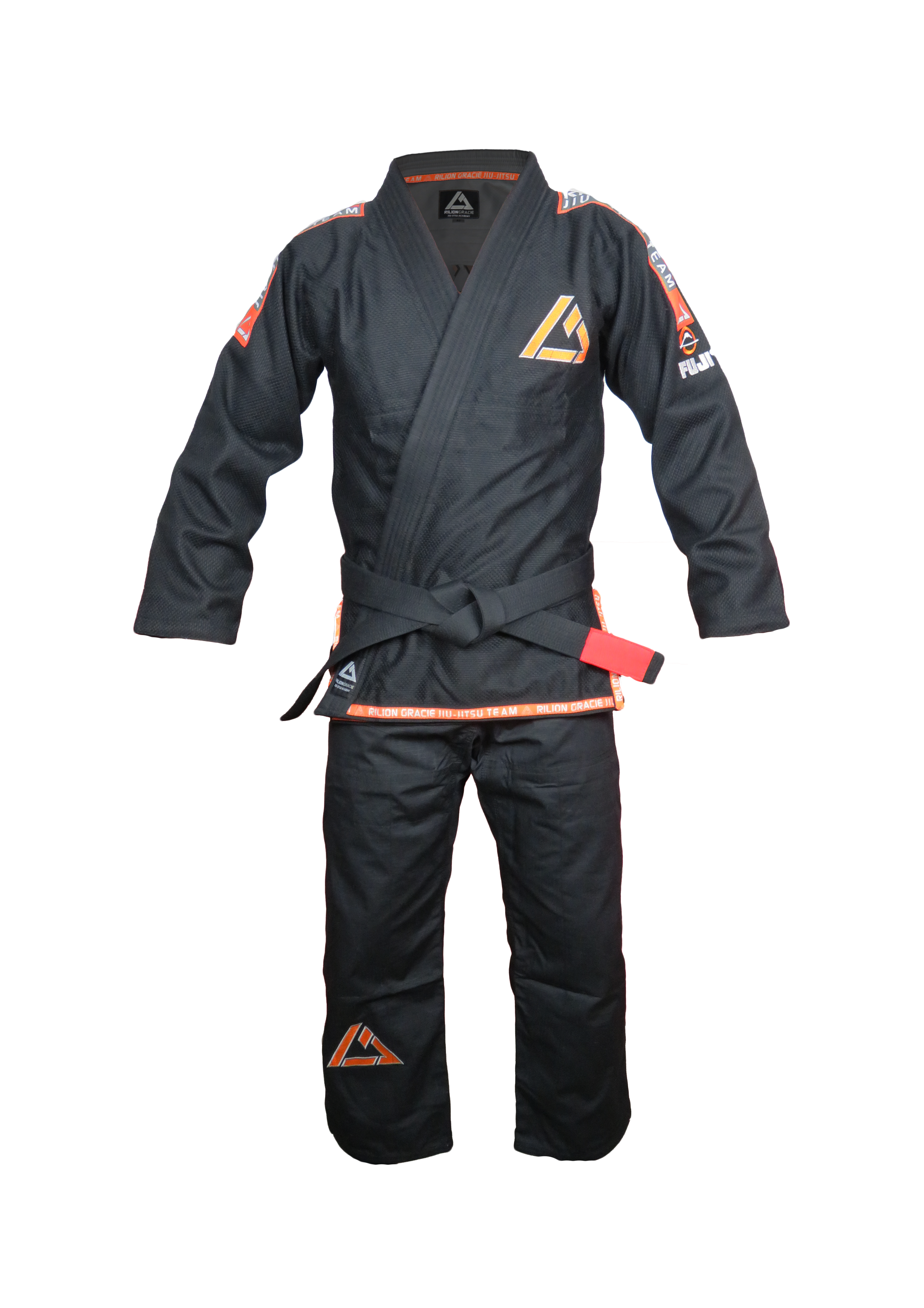 The Rilion Gracie Kids Team Gi Black features orange accents and patches on a black jacket and pants set, shown with a black belt on a neutral background.