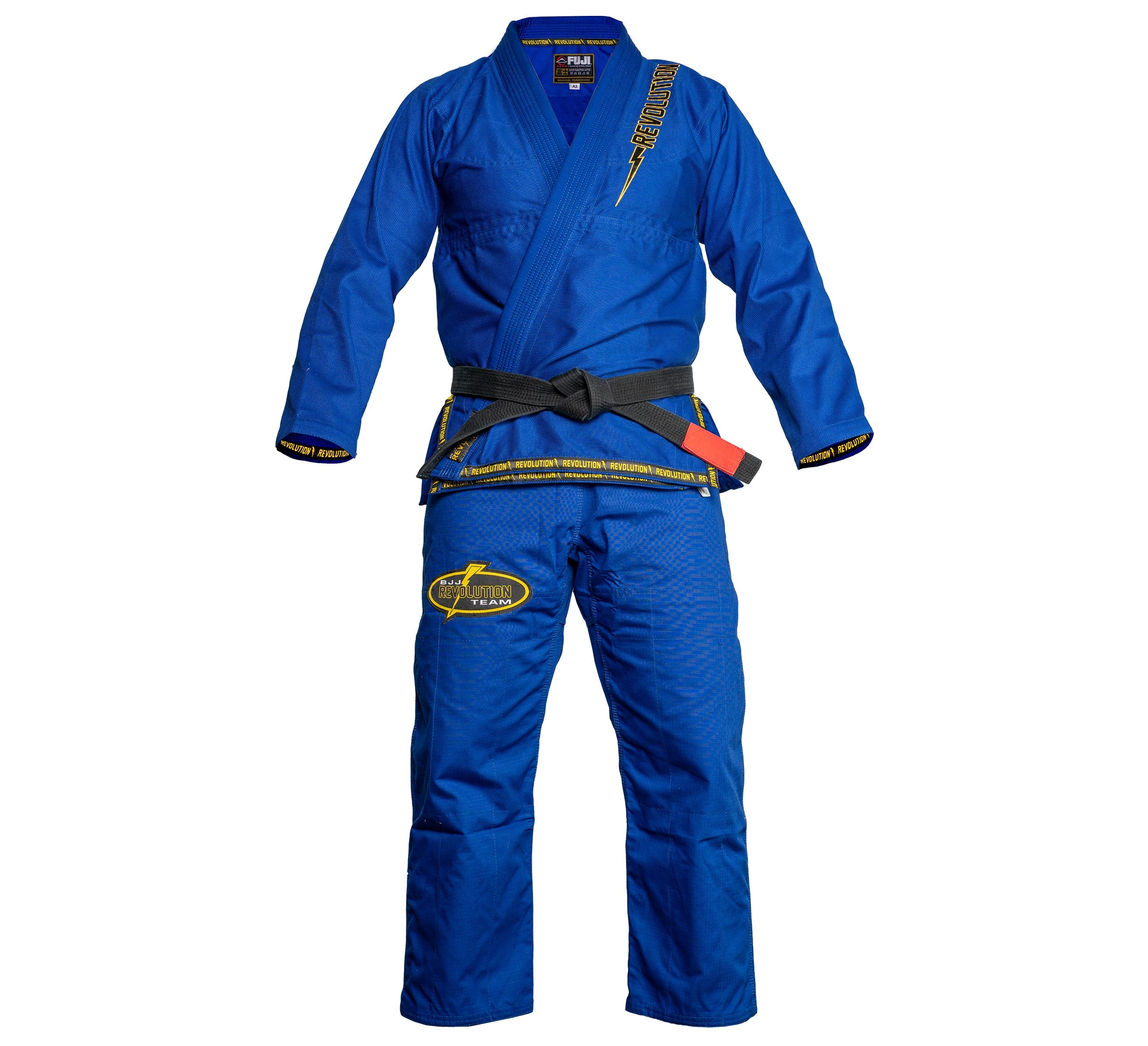 The BJJ Revolution Super Lite Kids Gi in blue with yellow accents and embroidery is displayed on a mannequin, featuring a black belt tied at the waist.