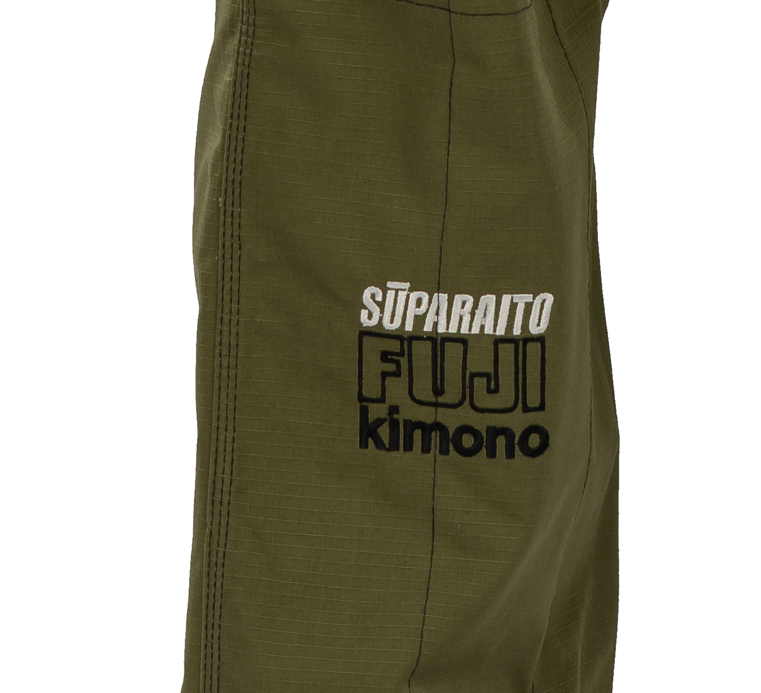 Close-up of olive green fabric from the Suparaito BJJ Gi, featuring black and white embroidered "Sūpairaito FUJI kimono" text and visible edge stitching.