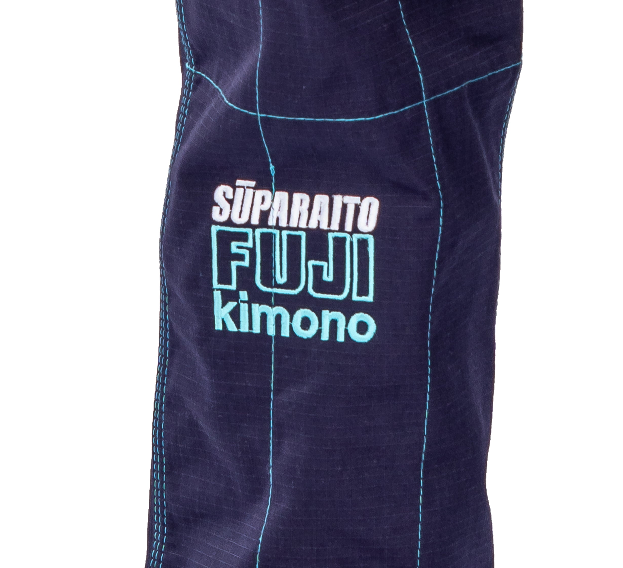 Close-up of the Suparaito Womens BJJ Gi Navy sleeve, featuring light blue stitching and "SÜPARAITO FUJI Kimono" embroidered in white and blue letters.
