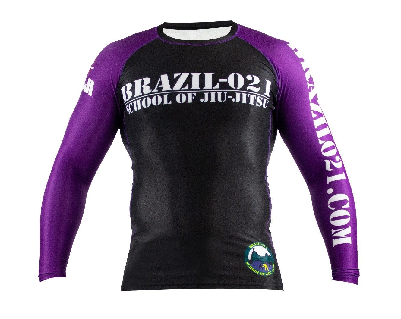 The BRAZIL 021 Ranked Rashguard is a black and purple long-sleeve top featuring "BRAZIL-021 SCHOOL OF JIU-JITSU" on the chest, "BRAZIL021.COM" on the right sleeve, and a circular logo near the bottom left.