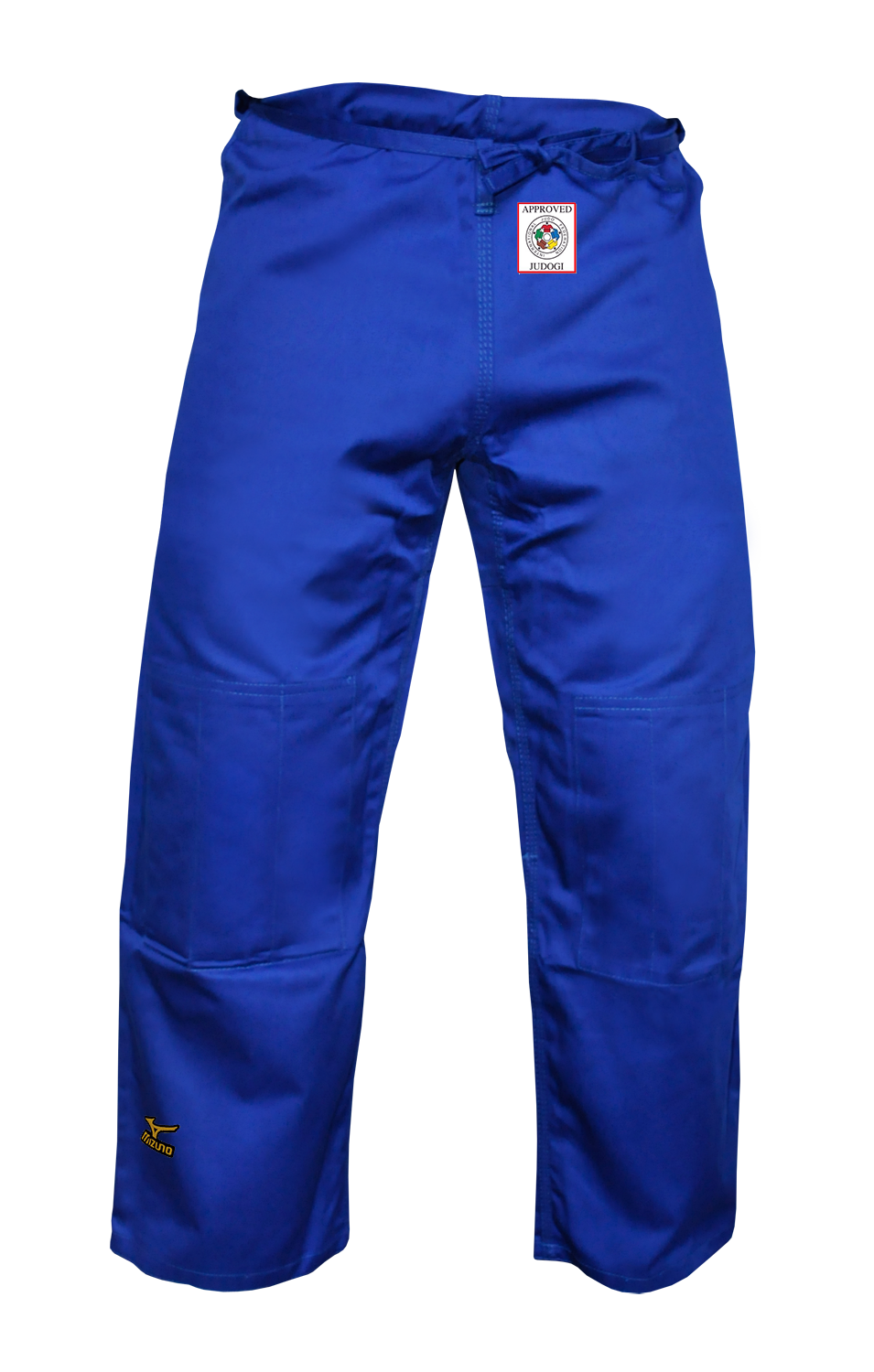 The Mizuno IJF Red Label Pants Blue feature reinforced knees and an approval patch on the waistband, shown against a white background.