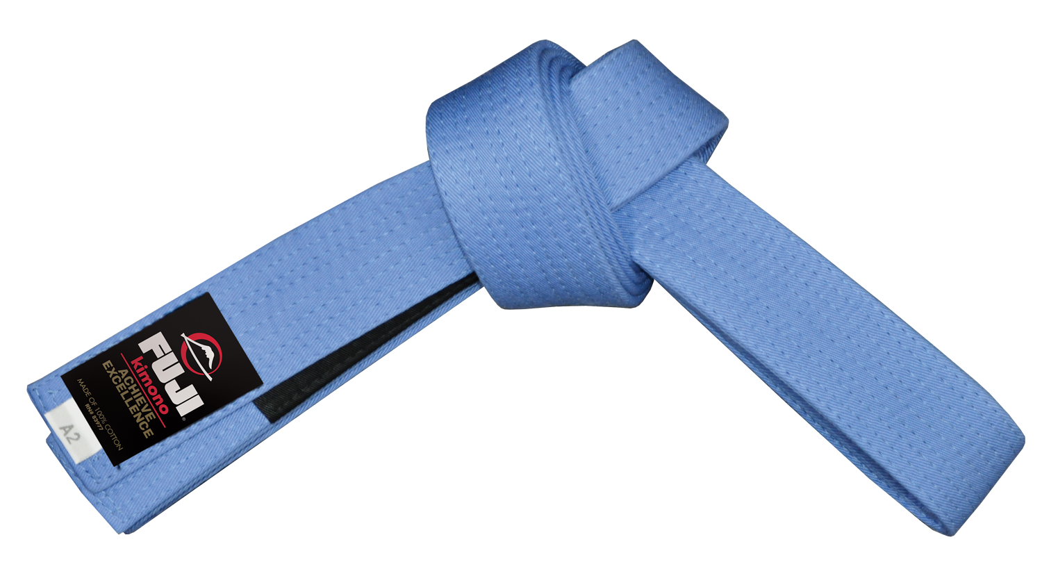 A Jiu Jitsu Adult Belt in light blue, featuring a black Fuji Sports label and tied in a knot, displayed on a plain white background.
