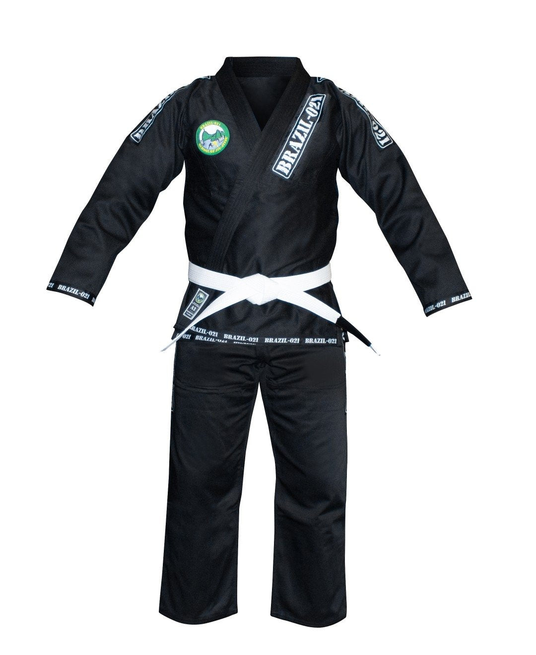 The BRAZIL 021 Adult BJJ Gi is a black gi with a white belt, featuring patches and embroidery on the shoulders, arms, and chest, displayed upright against a white background.