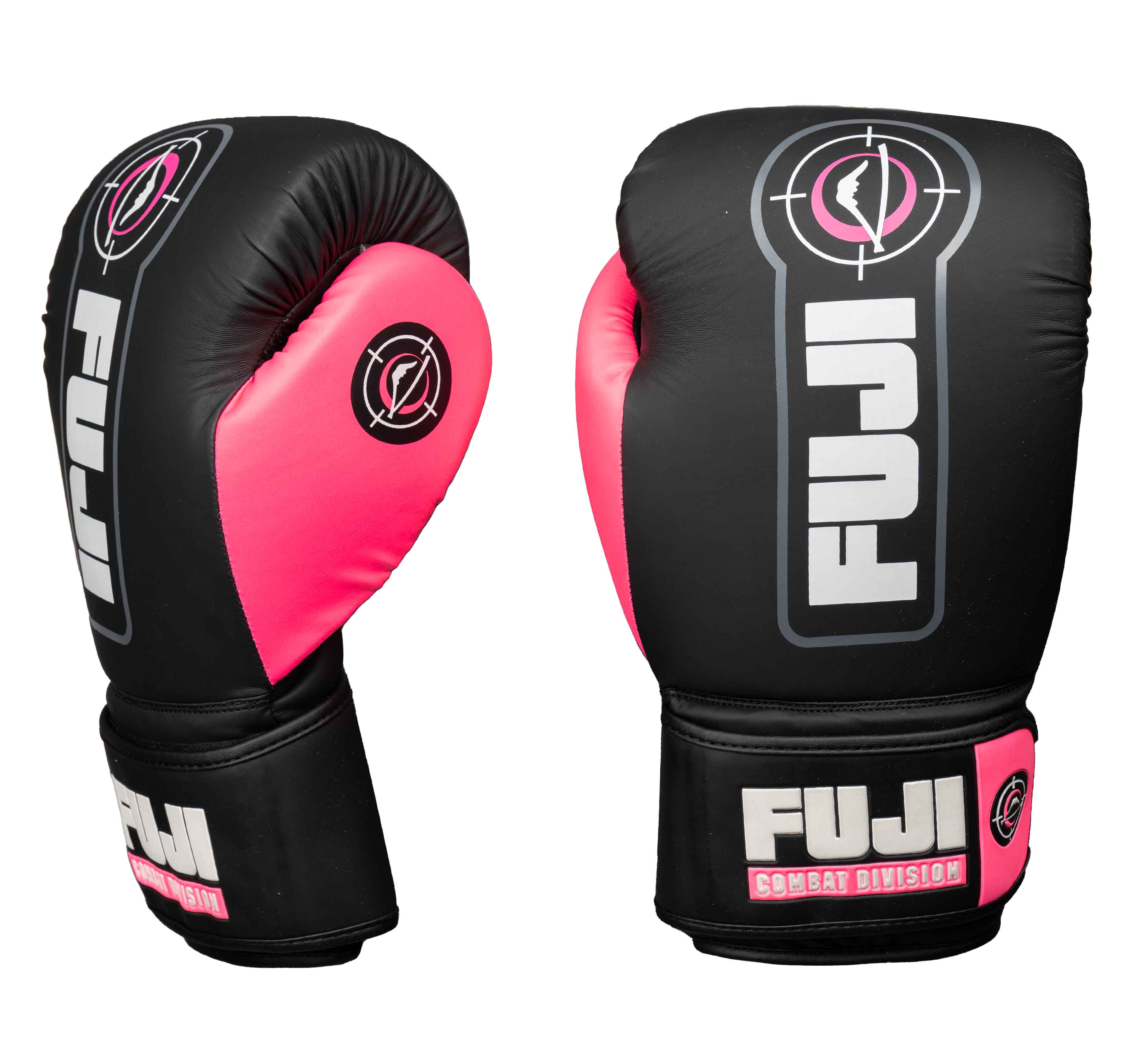 A pair of FUJI Precision Boxing Gloves Pink, featuring black and pink colors with a target logo, displayed from front and side angles; designed for the Combat Division.