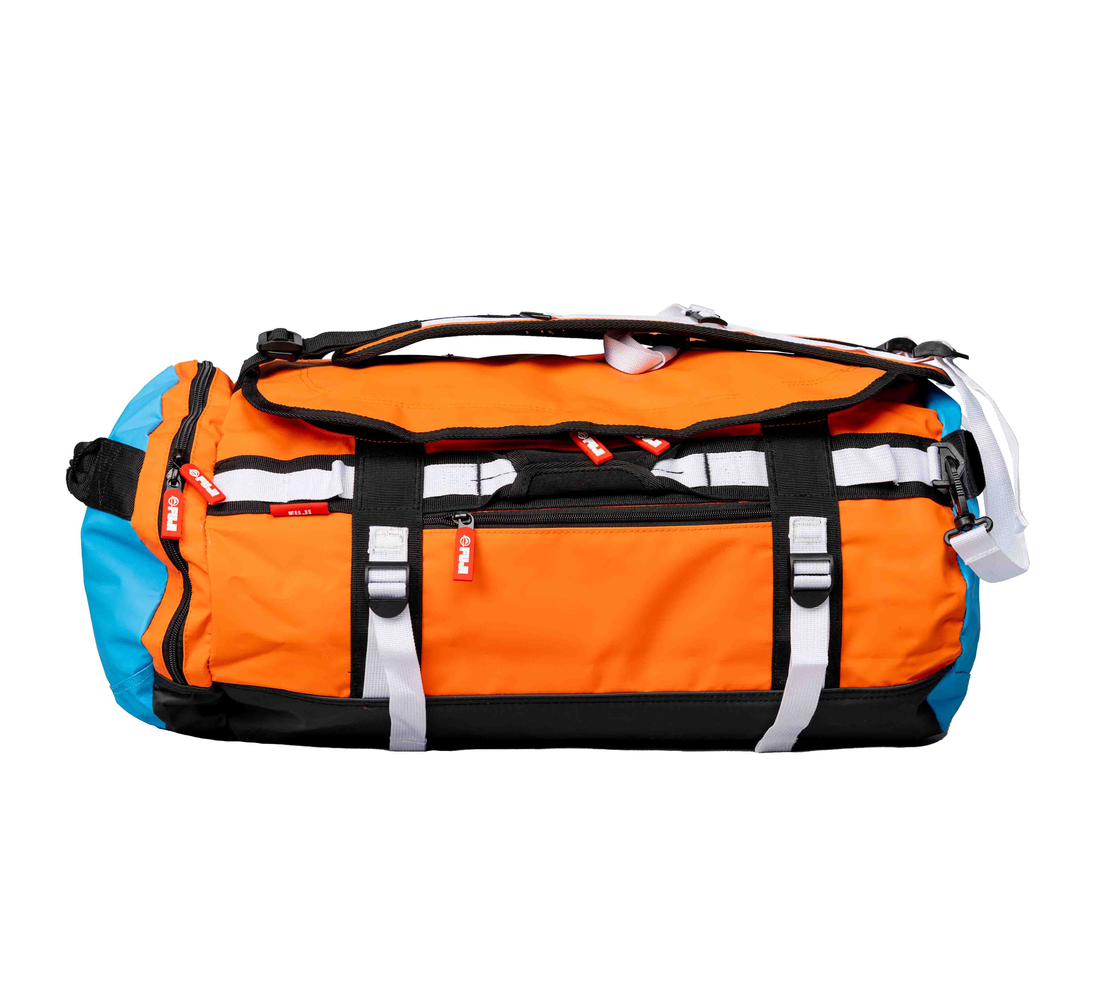 The Comp Convertible Backpack Duffle in vibrant orange, designed with multiple straps, zippers, and handles accented in black, white, and red, is displayed against a white background.