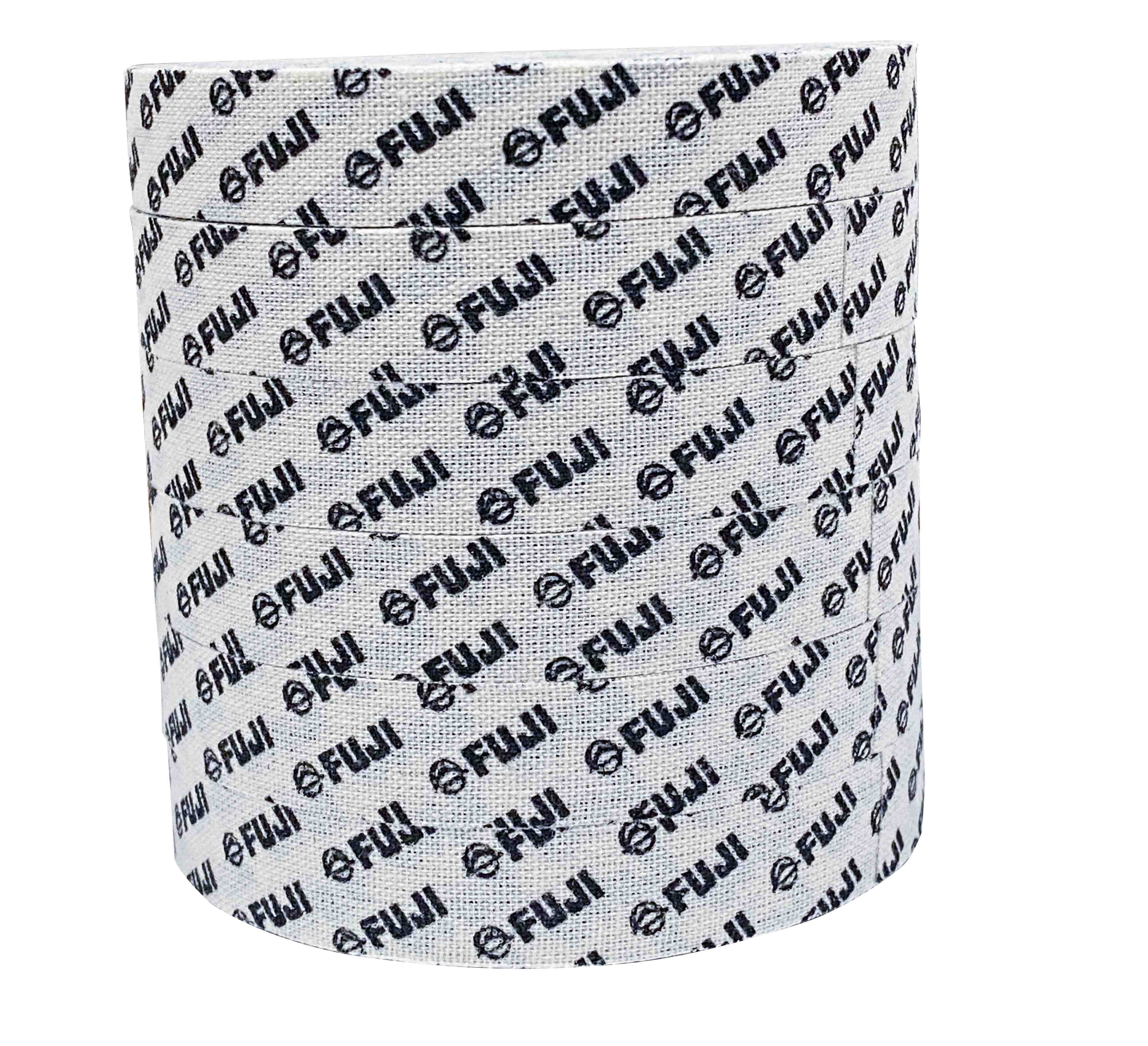 Step & Repeat FUJI Finger Tape: A cylindrical roll of white abrasion tape featuring repeated black FUJI logos and symbols printed on its surface.