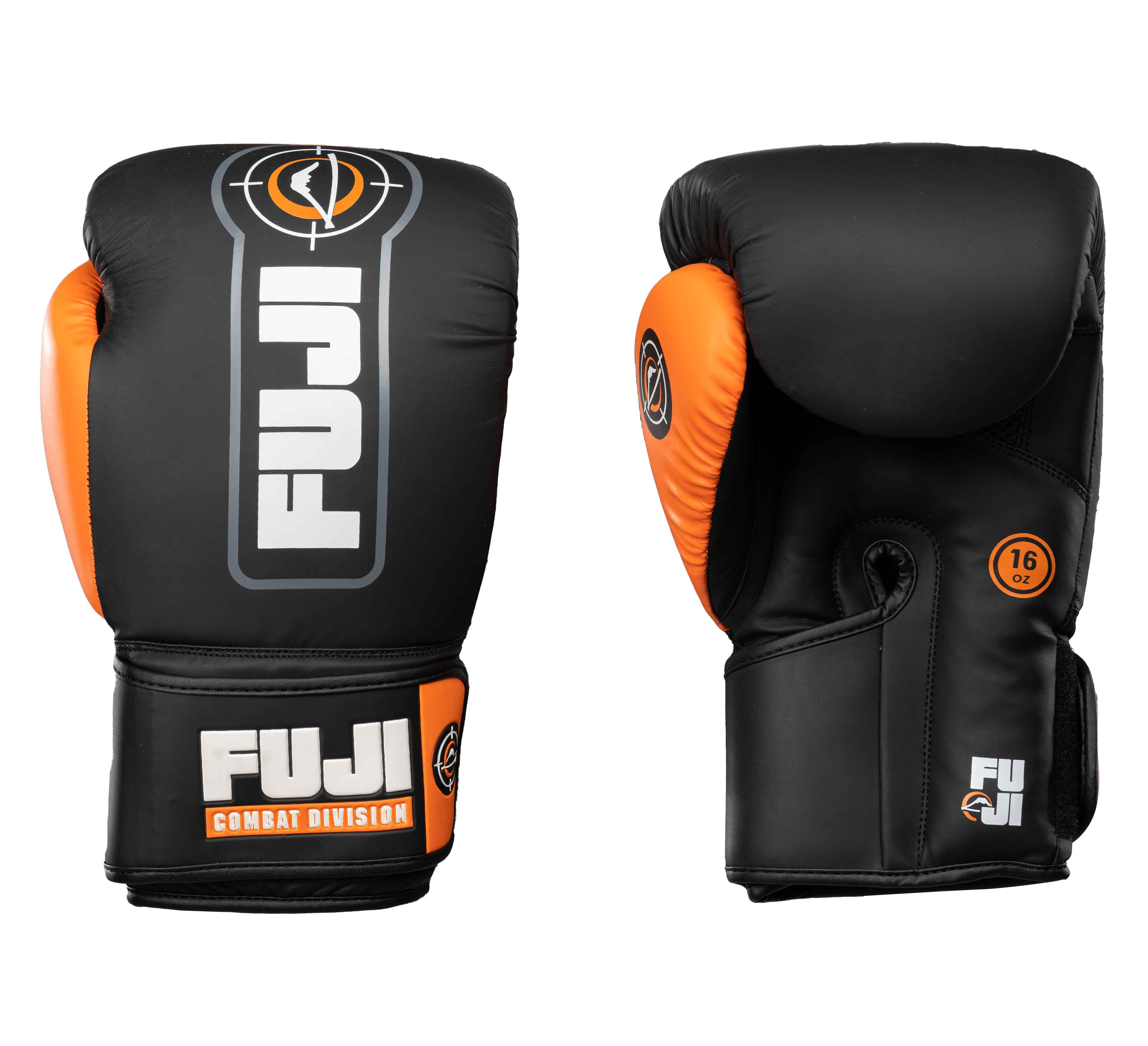 Two Precision Boxing Gloves Orange, each with FUJI branding—one displaying the palm and the other the back—feature black and orange colors plus a 16 OZ label.