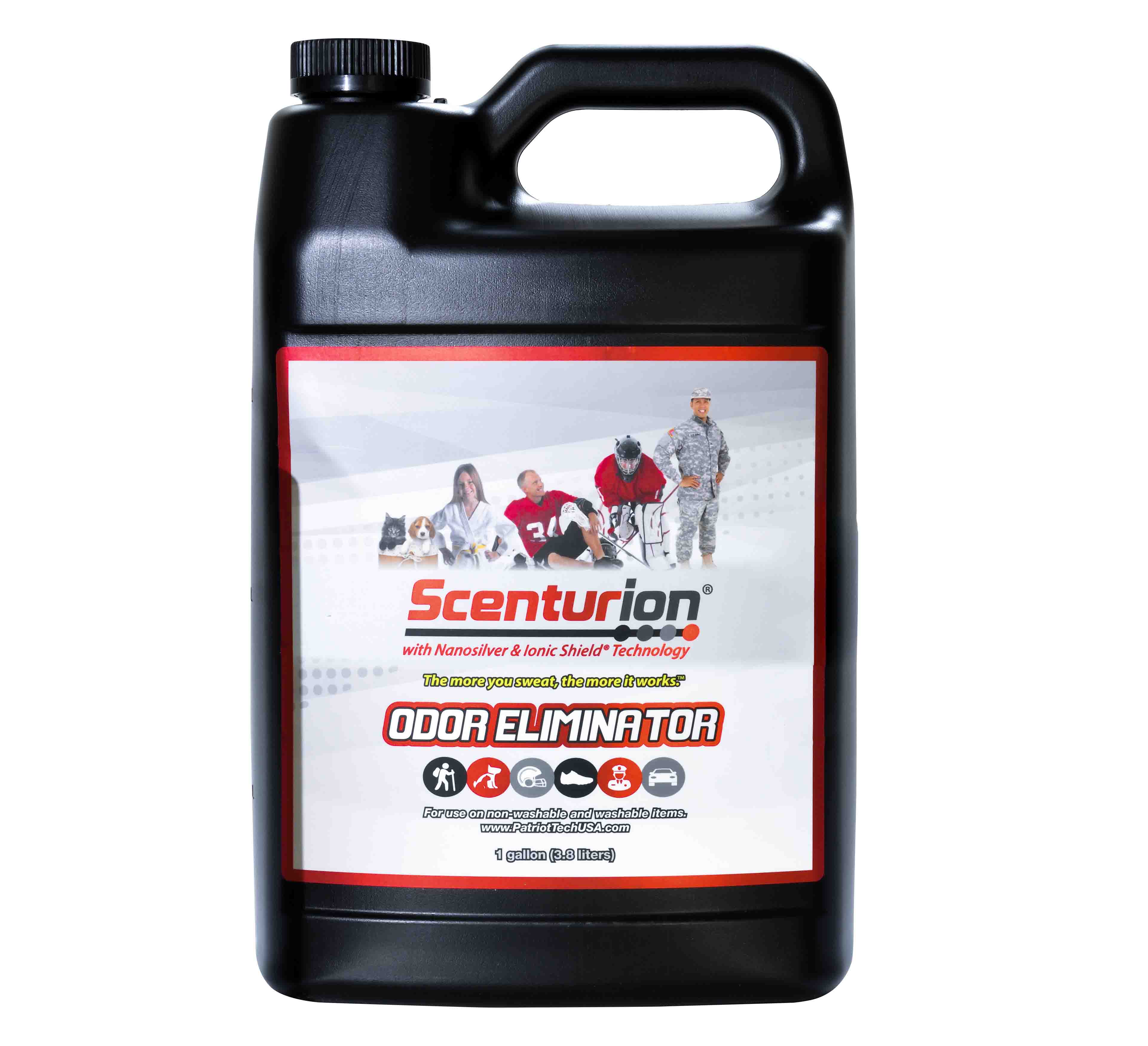 A 1-gallon black container of Gallon Odor Eliminator by Scenturion, with bold red and white branding, athletes and pets on the label, and text highlighting its powerful odor-removing abilities.