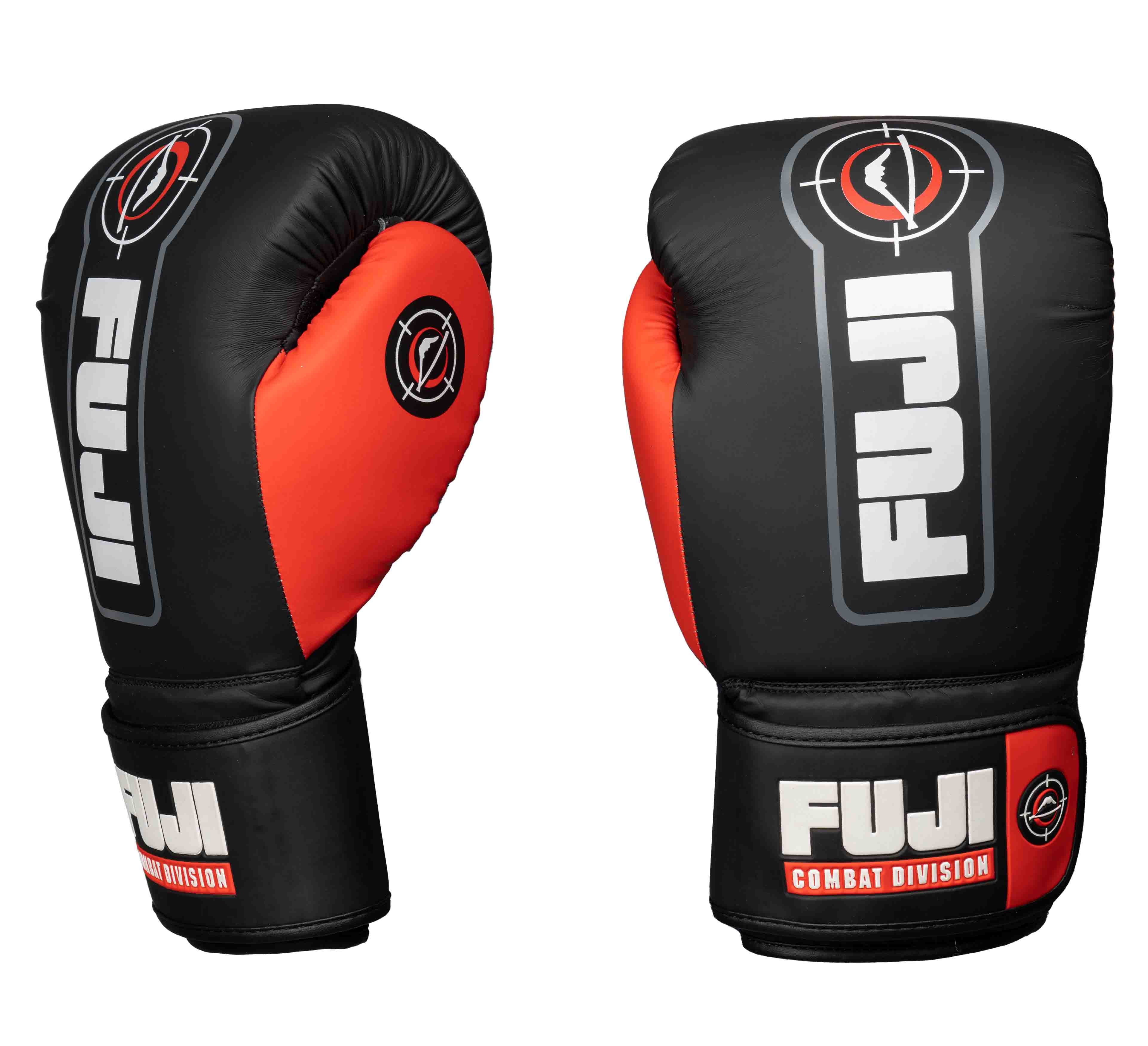 A pair of Precision Boxing Gloves Red with FUJI Combat Division branding and target logos, displayed in black and red from front and side angles on a white background.