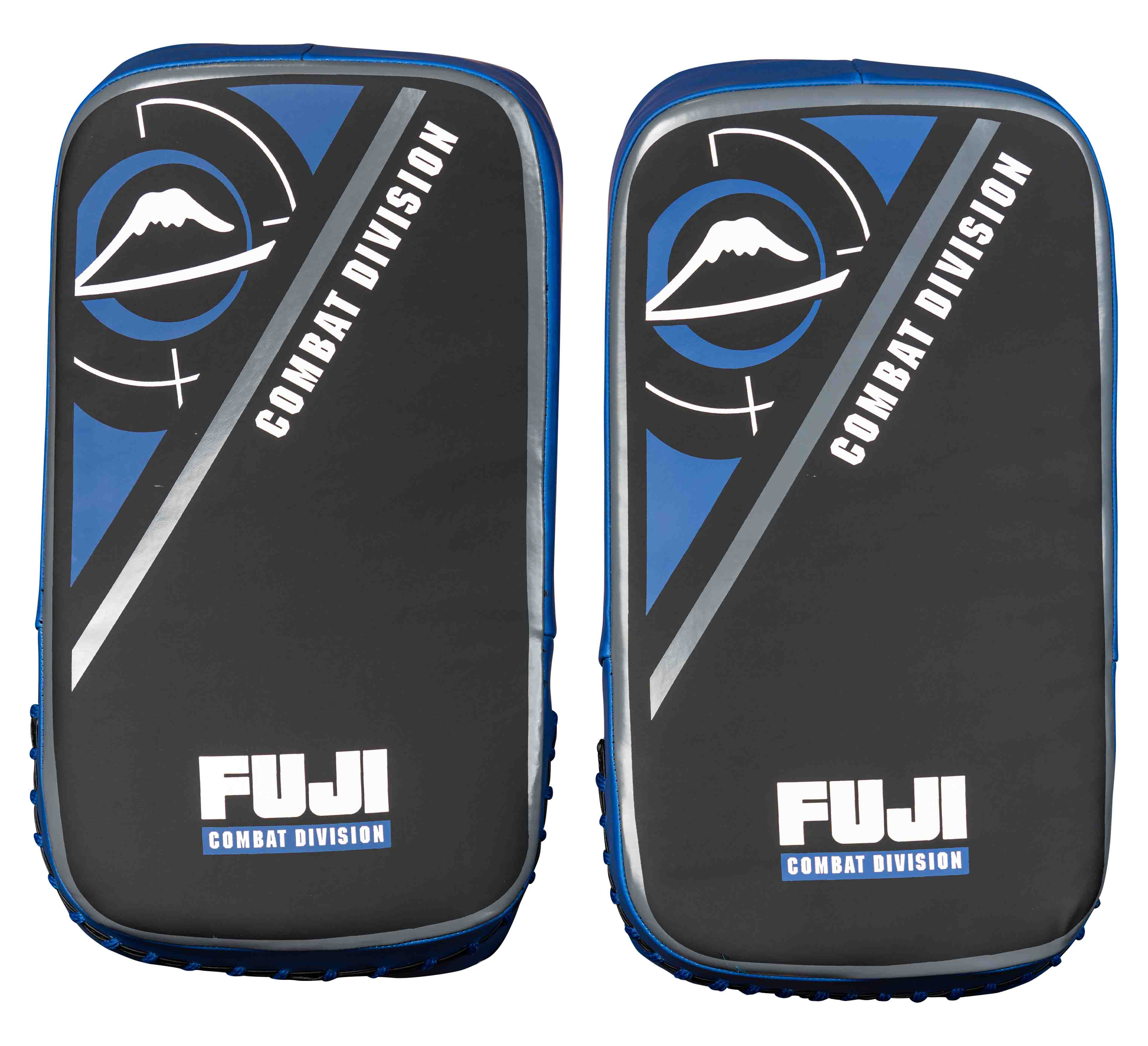 Two black and blue rectangular Precision Striking Thai Pads with FUJI Combat Division branding and a mountain logo, shown side by side.