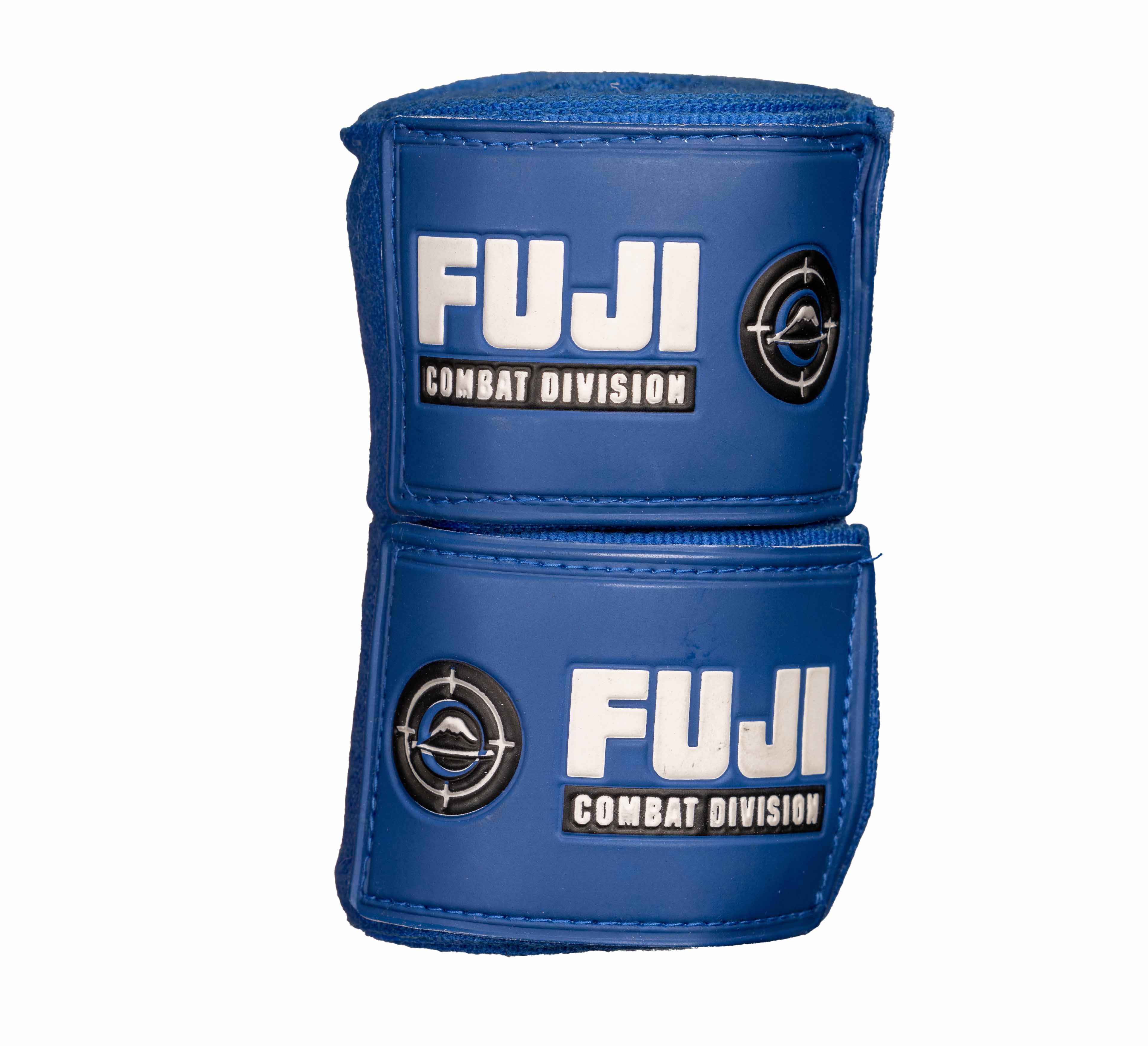 Two rolled-up Precision Hand Wraps Blue, featuring FUJI Combat Division logos on their labels, are stacked atop each other against a white background.