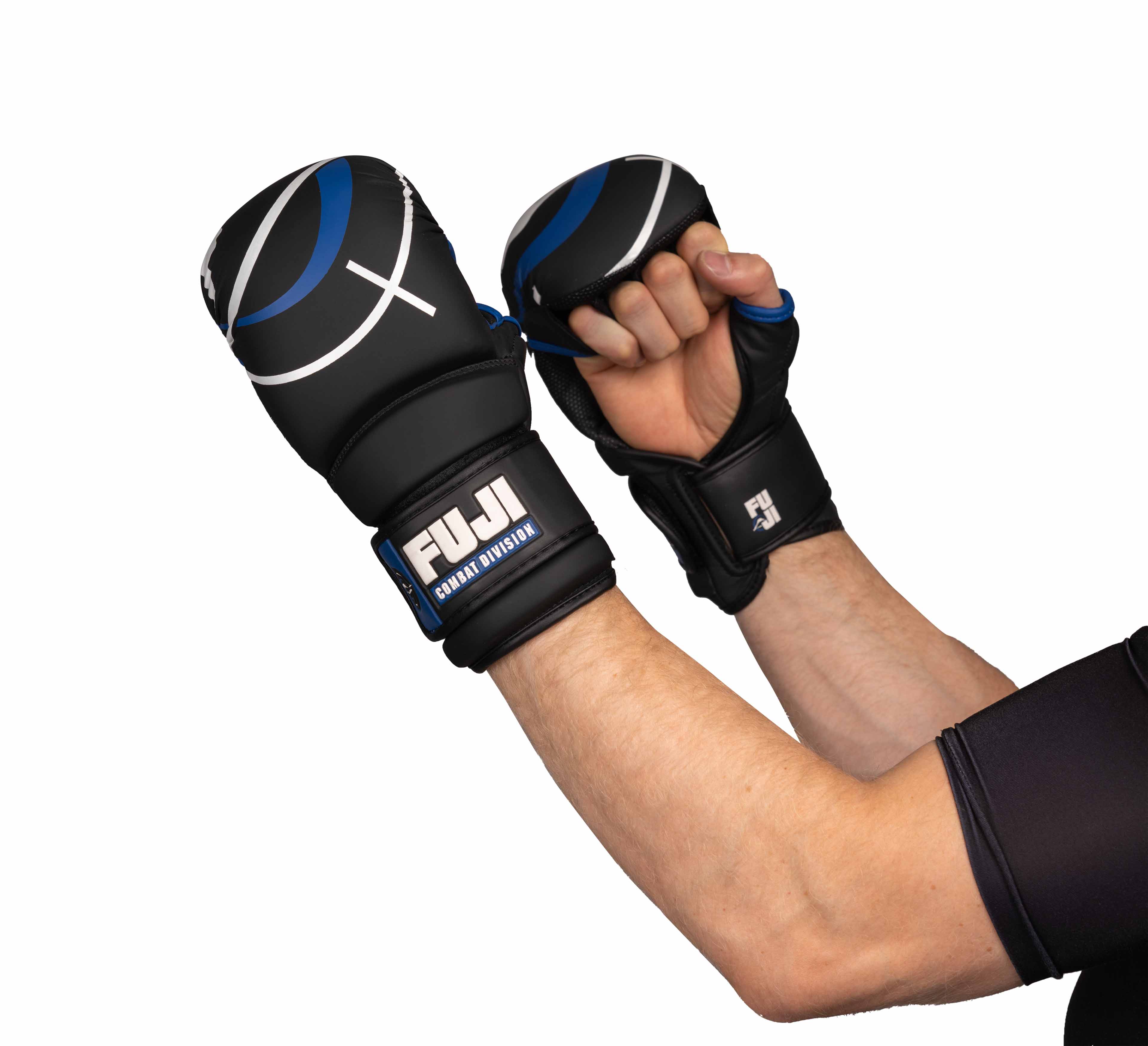 Two arms wearing black and blue Precision Striking Hybrid MMA Gloves are raised in front of a white background. The person is dressed in a short-sleeved black athletic shirt.