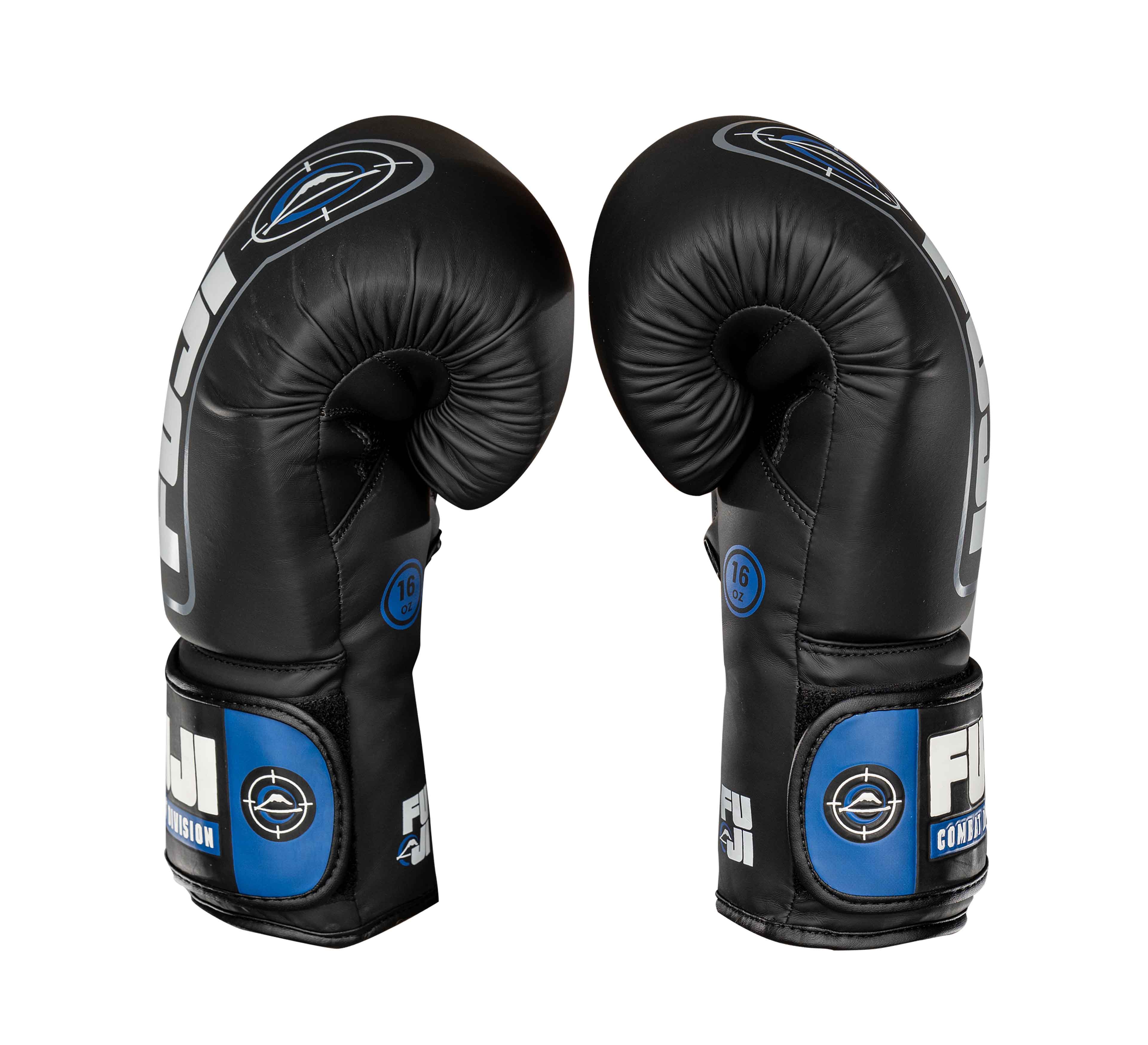 A pair of Precision Boxing Gloves Blue, black with blue and white accents, are shown upright and facing each other. The FUJI brand name is displayed on the wrist area of both gloves.