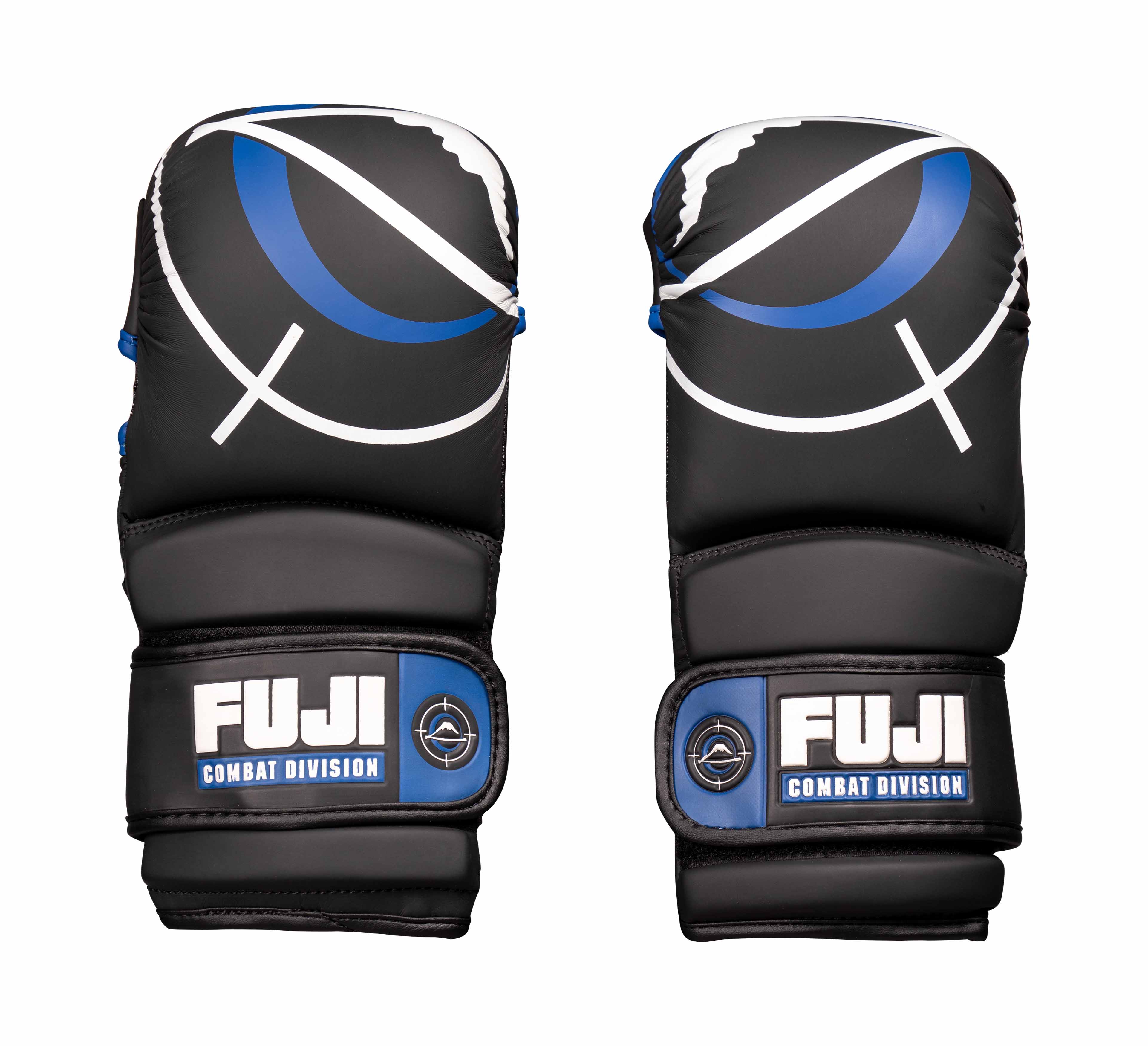 A pair of black Precision Striking Hybrid MMA Gloves with white and blue accents, shown palm down. The gloves feature bold branding and a circular logo design.