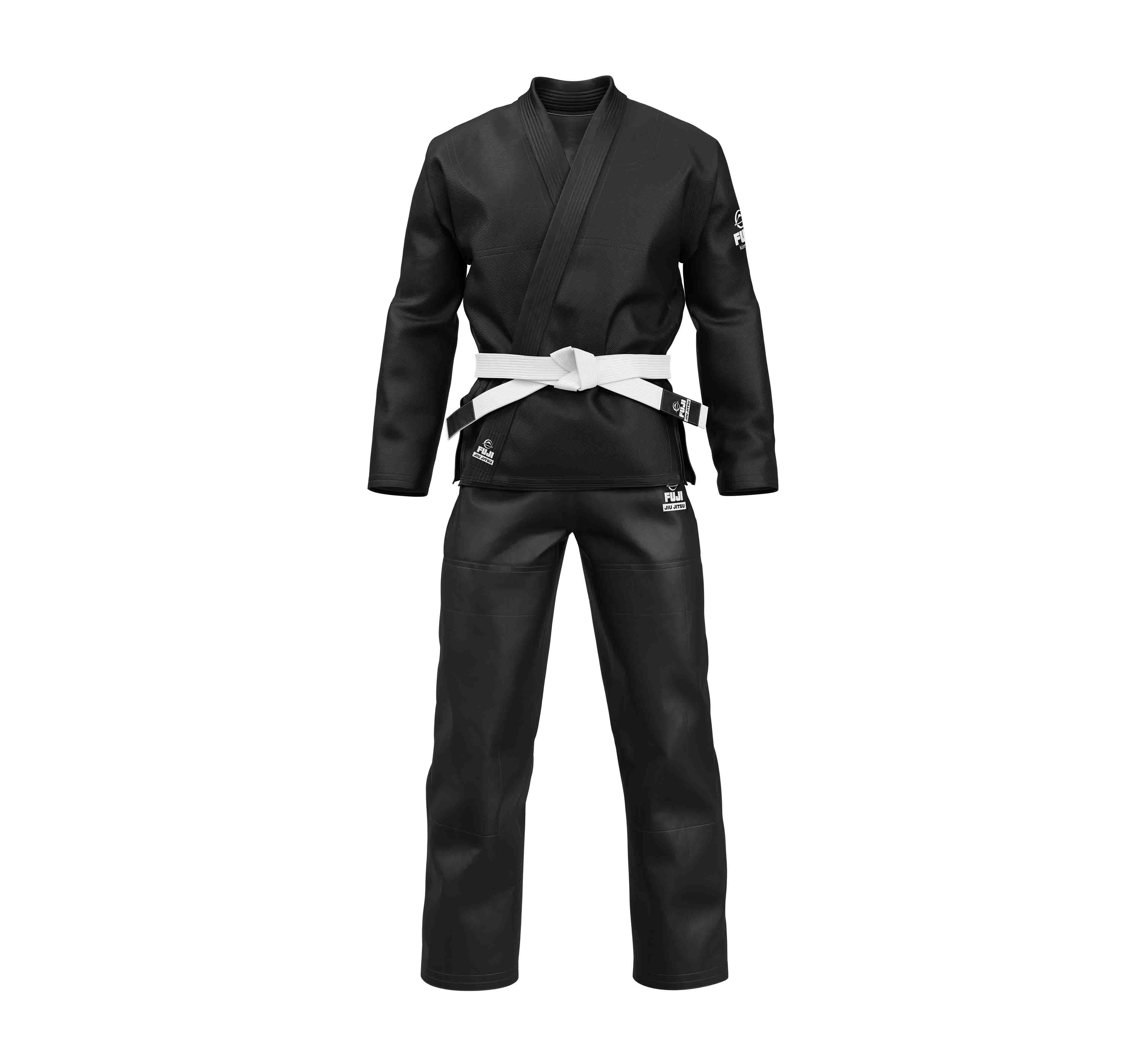 The Starter Adult BJJ Gi in black, shown with a white belt, is displayed on a featureless mannequin against a plain white background.