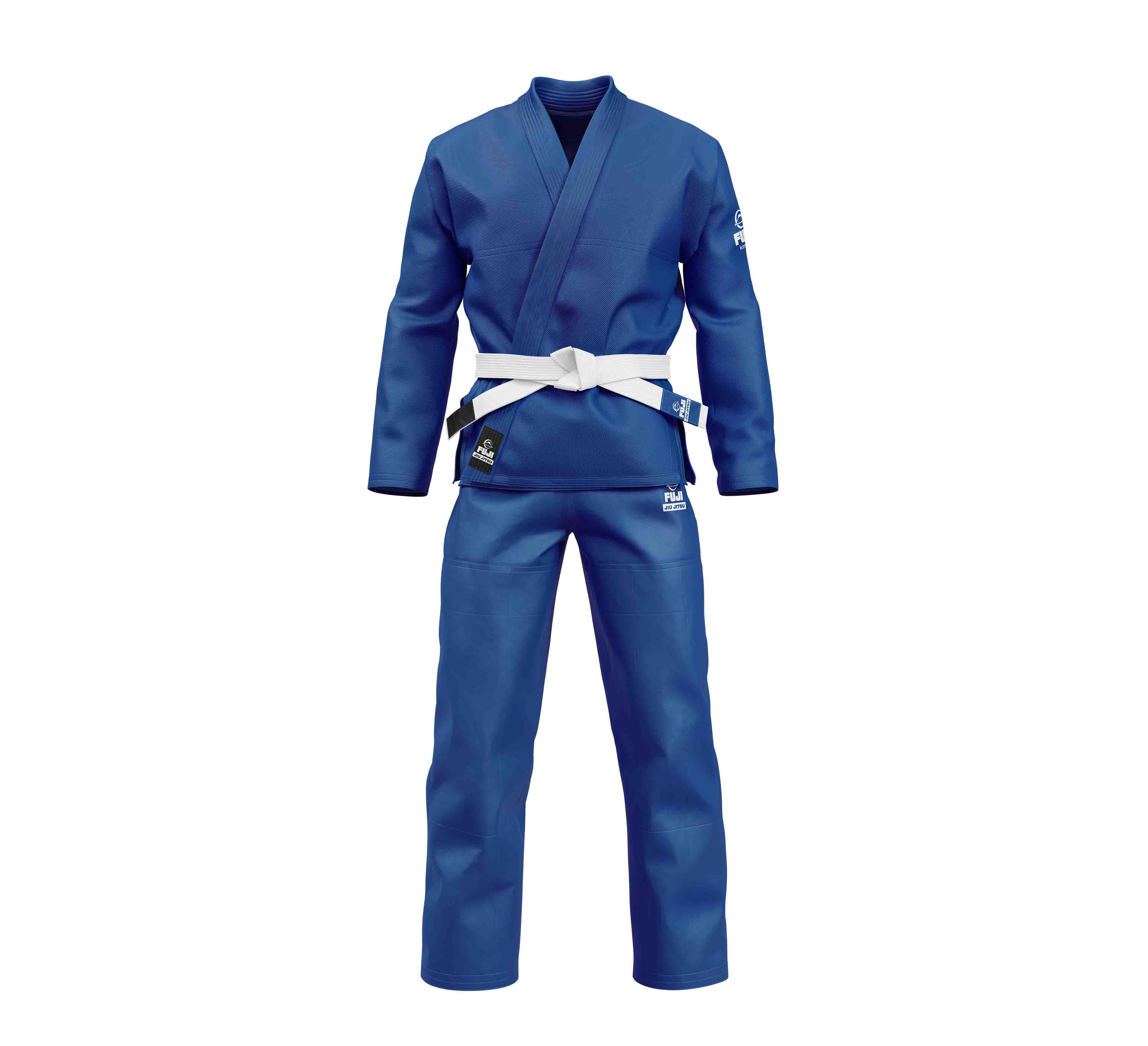 The Starter Adult BJJ Gi in blue, shown with a white belt on an invisible mannequin against a white background.