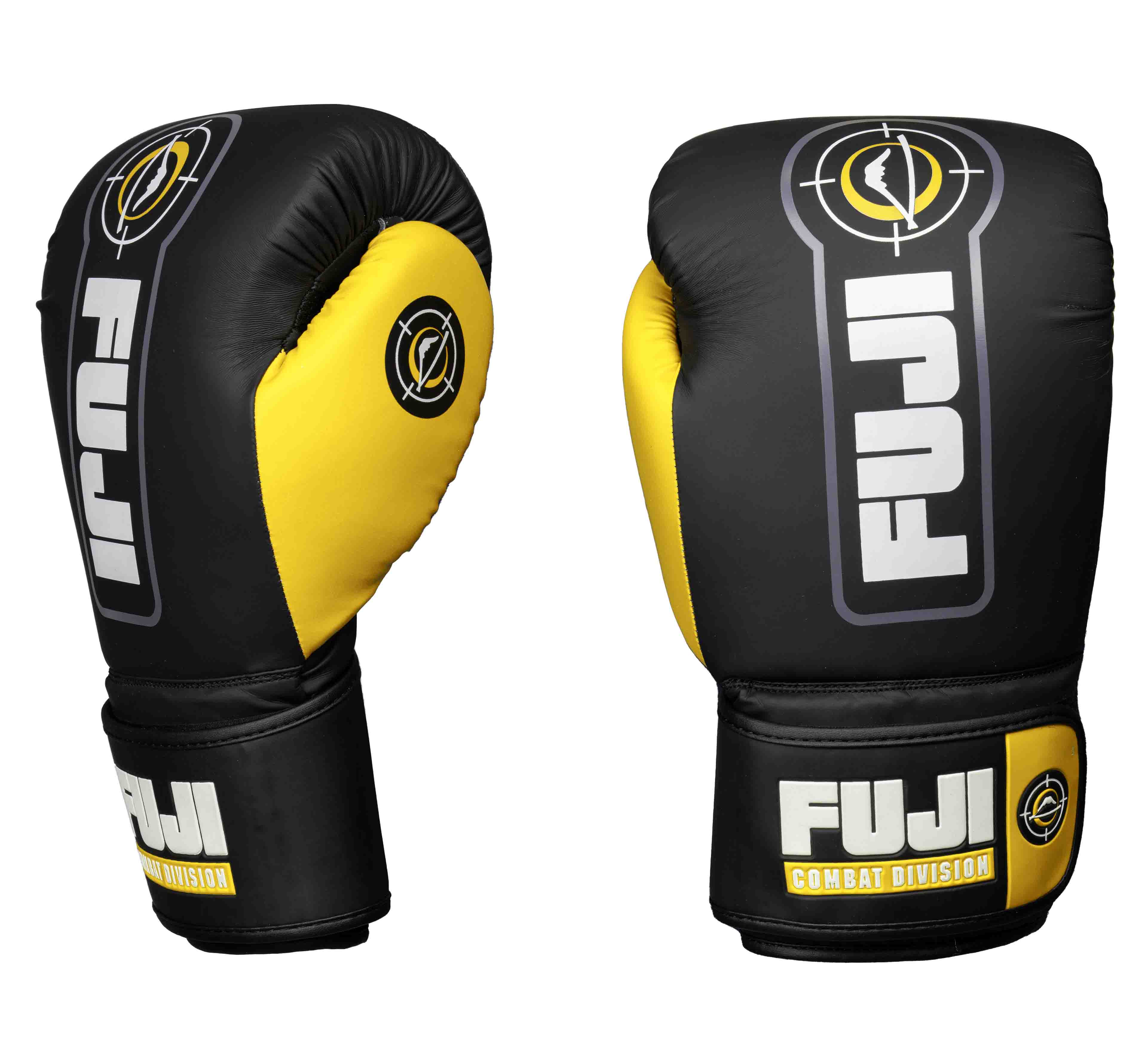 A pair of Precision Boxing Gloves Yellow, featuring black and yellow design with "FUJI" and "Combat Division" branding, plus a stylized target logo on the wrist and back, shown from front and side angles.