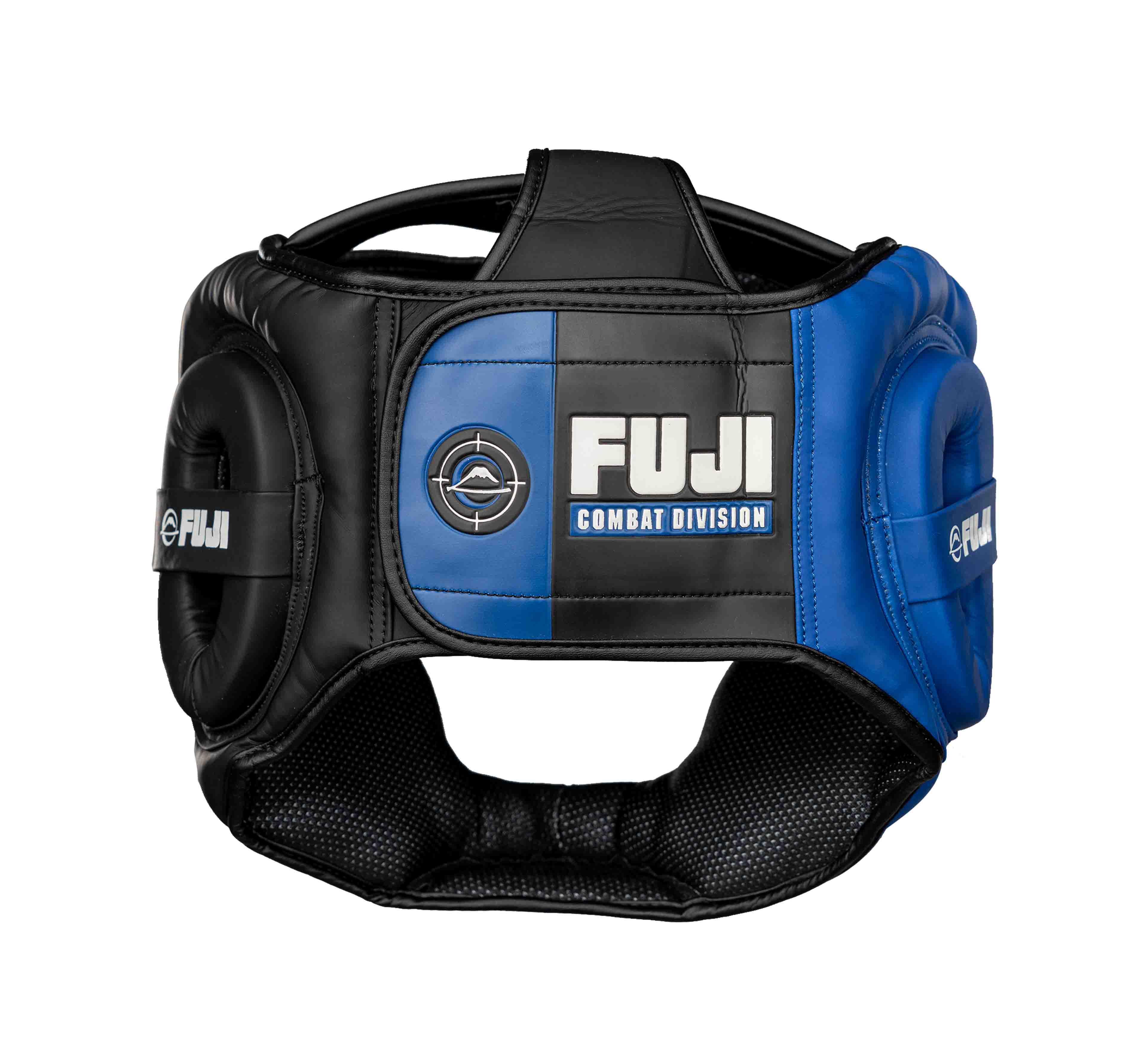 The Precision Striking Headgear is a black and blue padded head protector with FUJI Combat Division branding, designed for safety during combat sports.