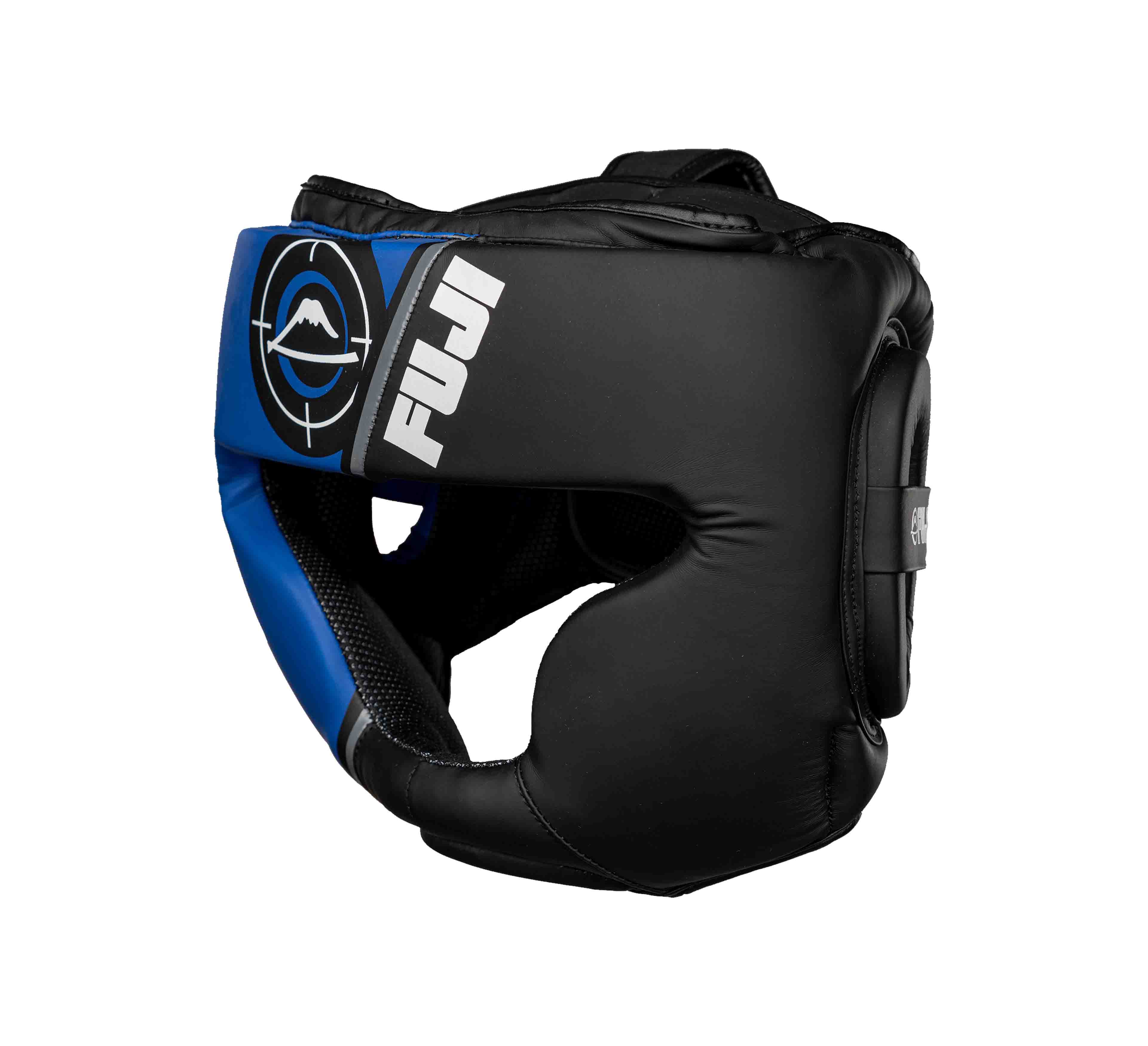 The Precision Striking Headgear by FUJI features black and blue padding over the cheeks, chin, and top, ideal for martial arts or boxing. Displayed against a white background.