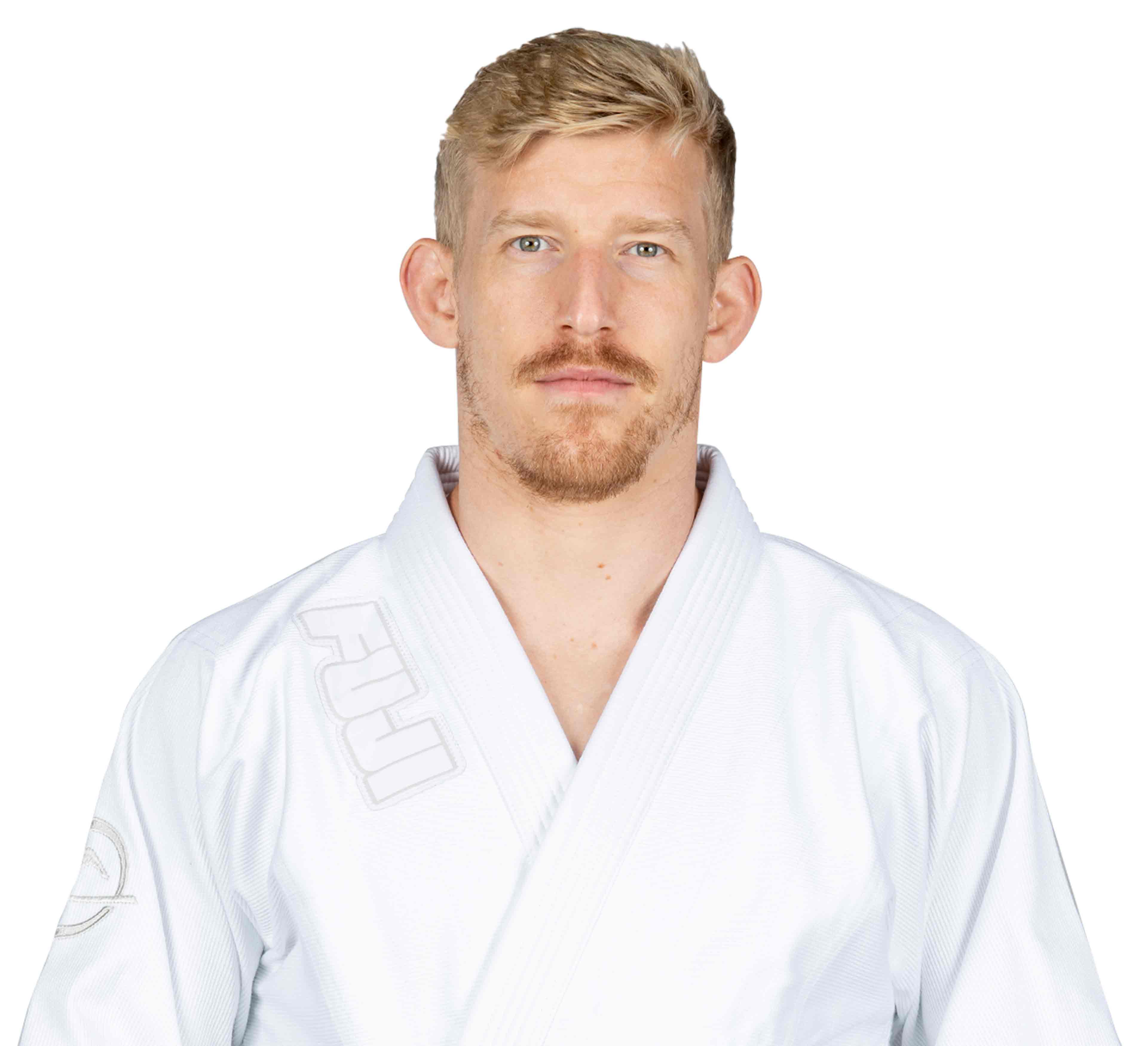 A man with short blond hair and a trimmed beard faces forward in the Suparaito BJJ Gi Submit Everyone Ice White against a plain white background.