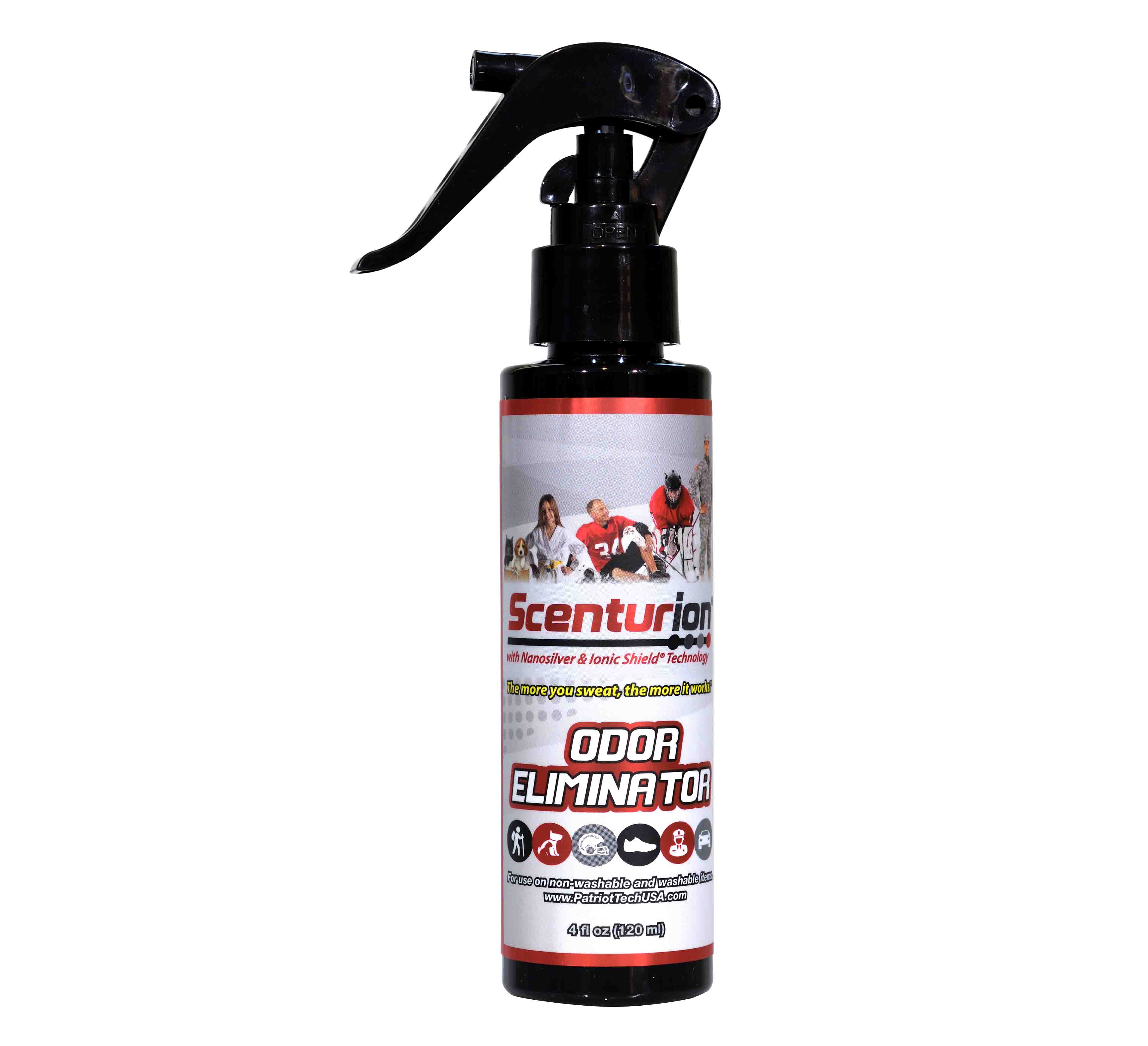 A black 4oz Scenturion Odor Eliminator spray bottle displays athletes in sports gear above the product name, with icons below representing its various uses.