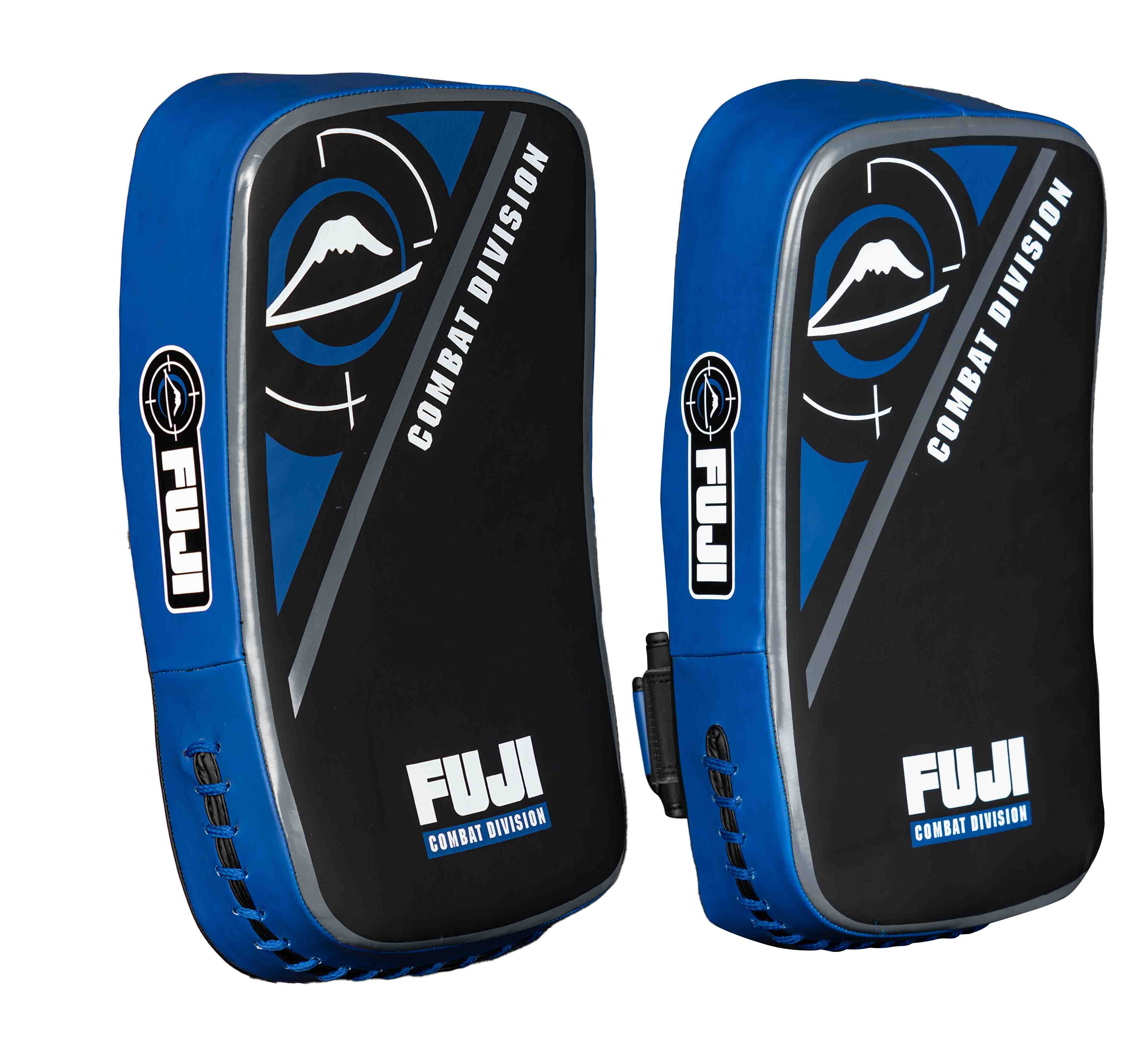 A pair of rectangular blue and black FUJI Precision Striking Thai Pads feature Combat Division text, a mountain logo, side handles, and white branding on each pad.