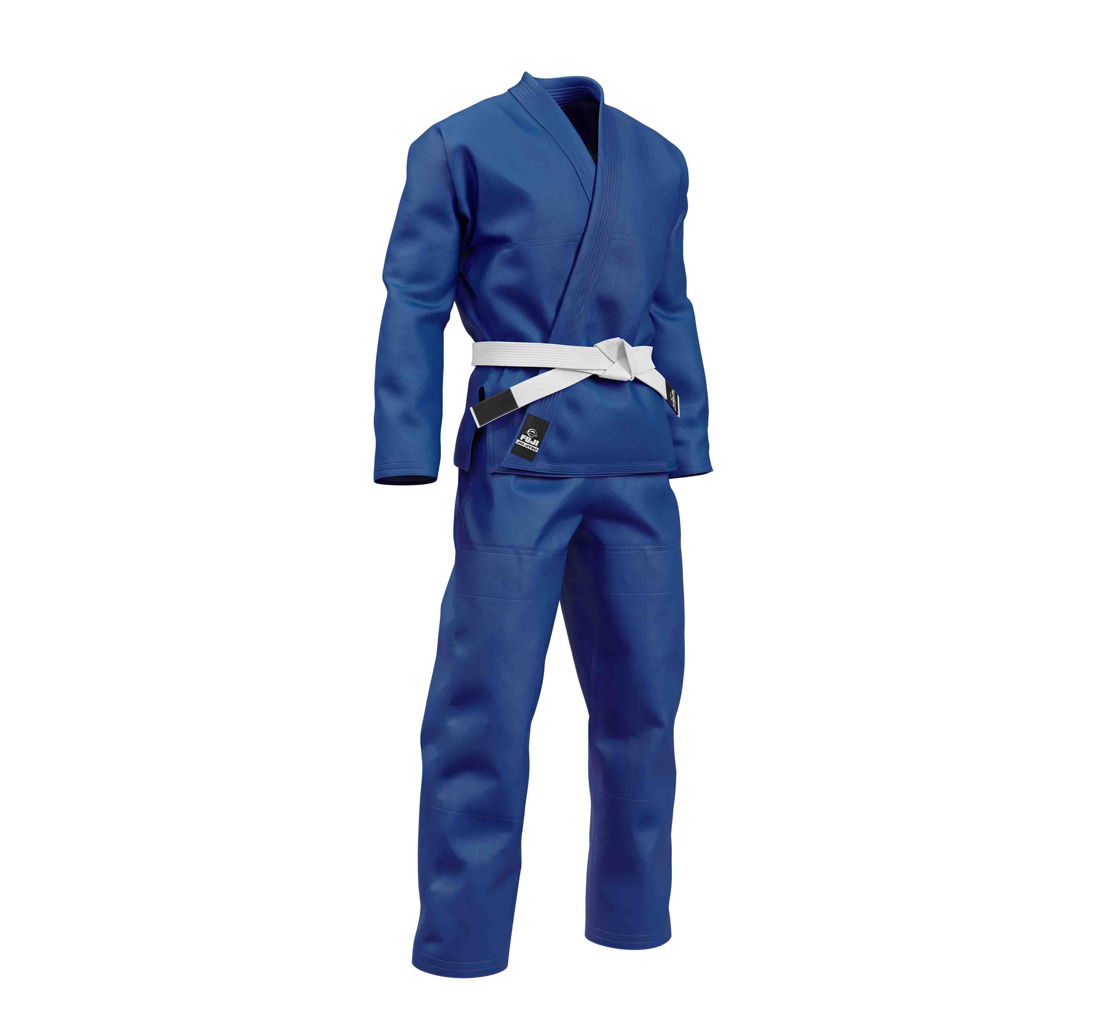 The Starter Kids BJJ Gi Blue, featuring a blue jacket and pants with a white belt, is displayed on an invisible mannequin against a white background.