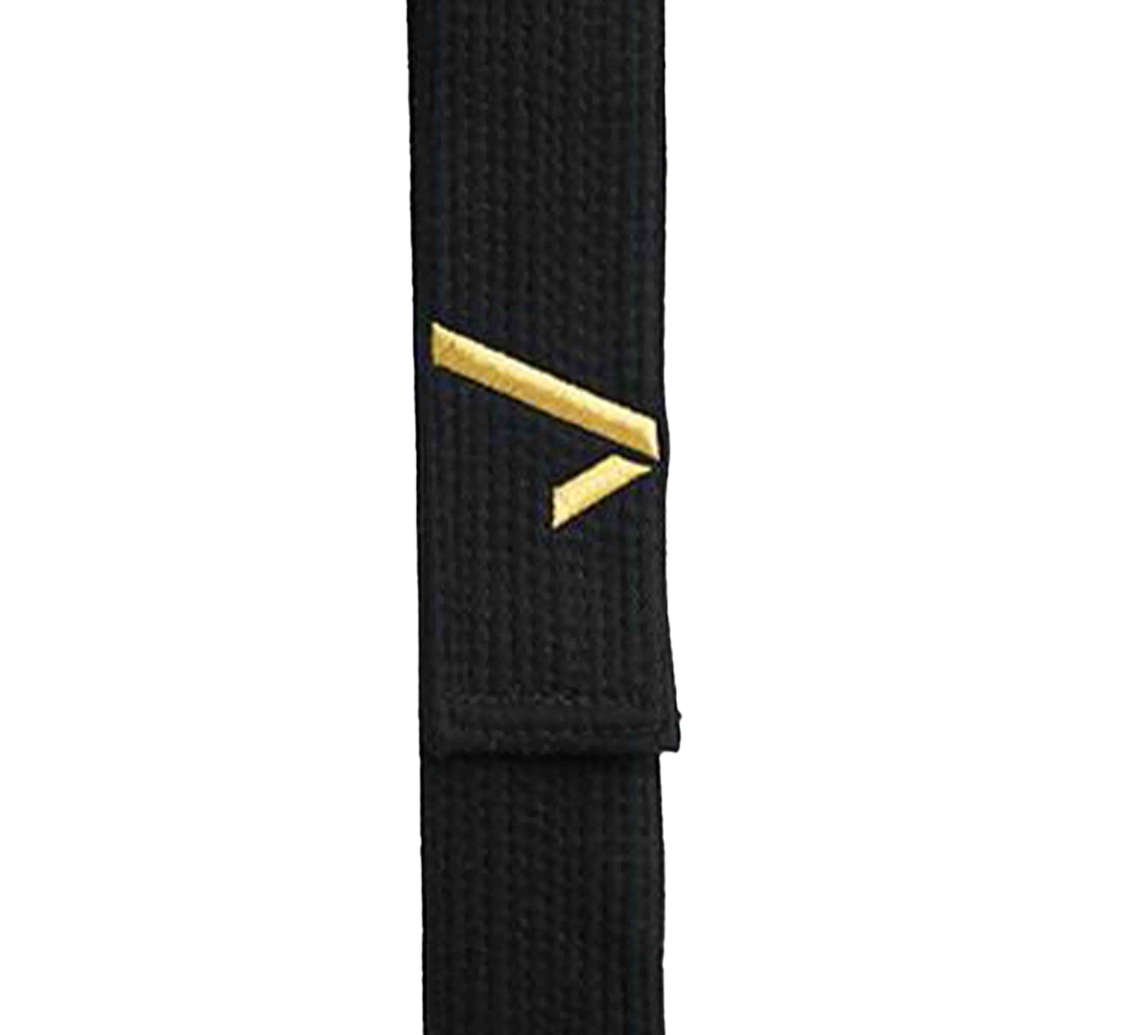 The Ippon Gear IJF Black Belt features a single gold stripe and a small gold chevron on one end, displayed against a white background.