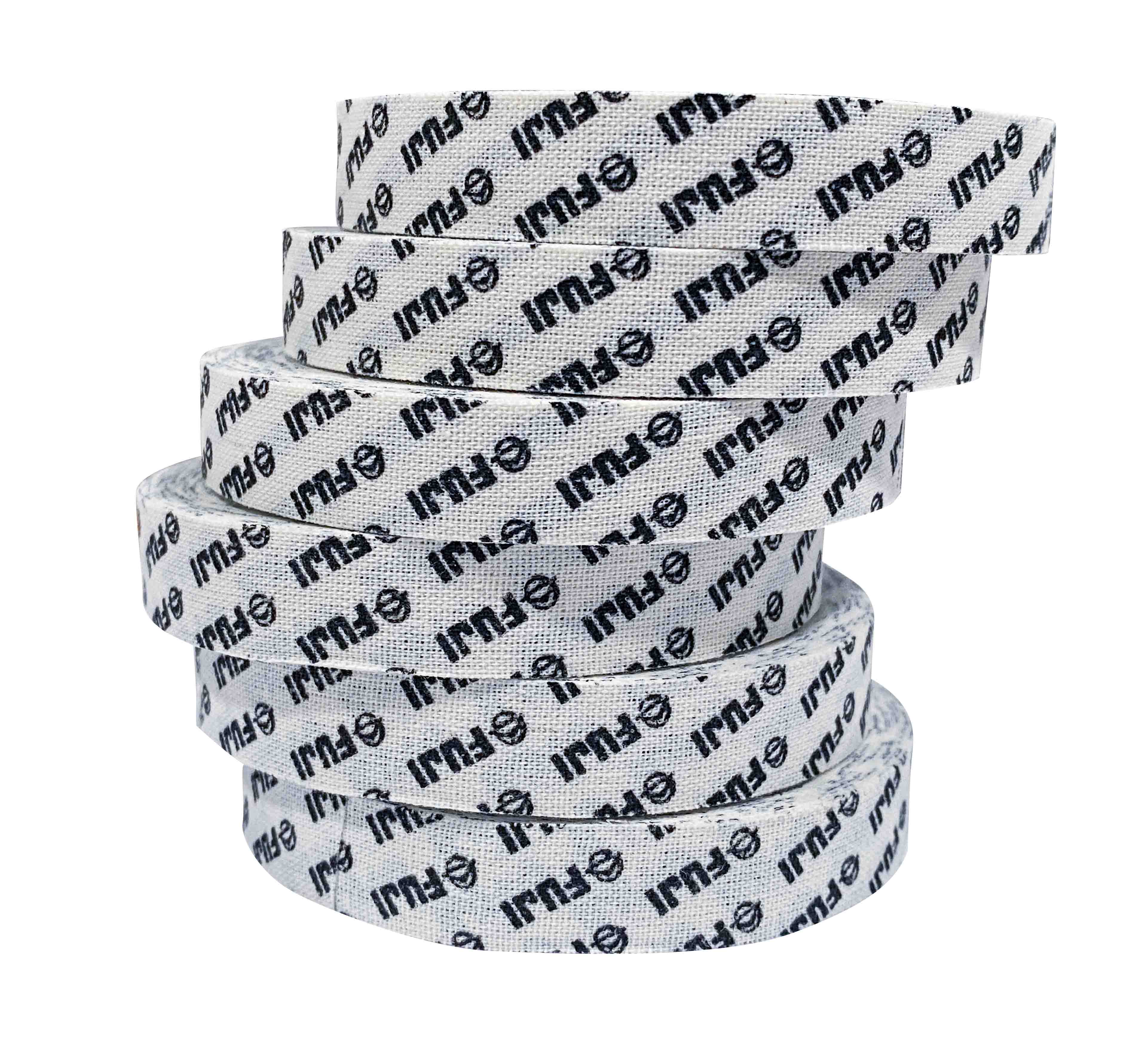 Seven rolls of Step & Repeat FUJI Finger Tape, featuring repeating black IMG and symbol on white tape, are stacked in a slightly tilted spiral arrangement against a white background.