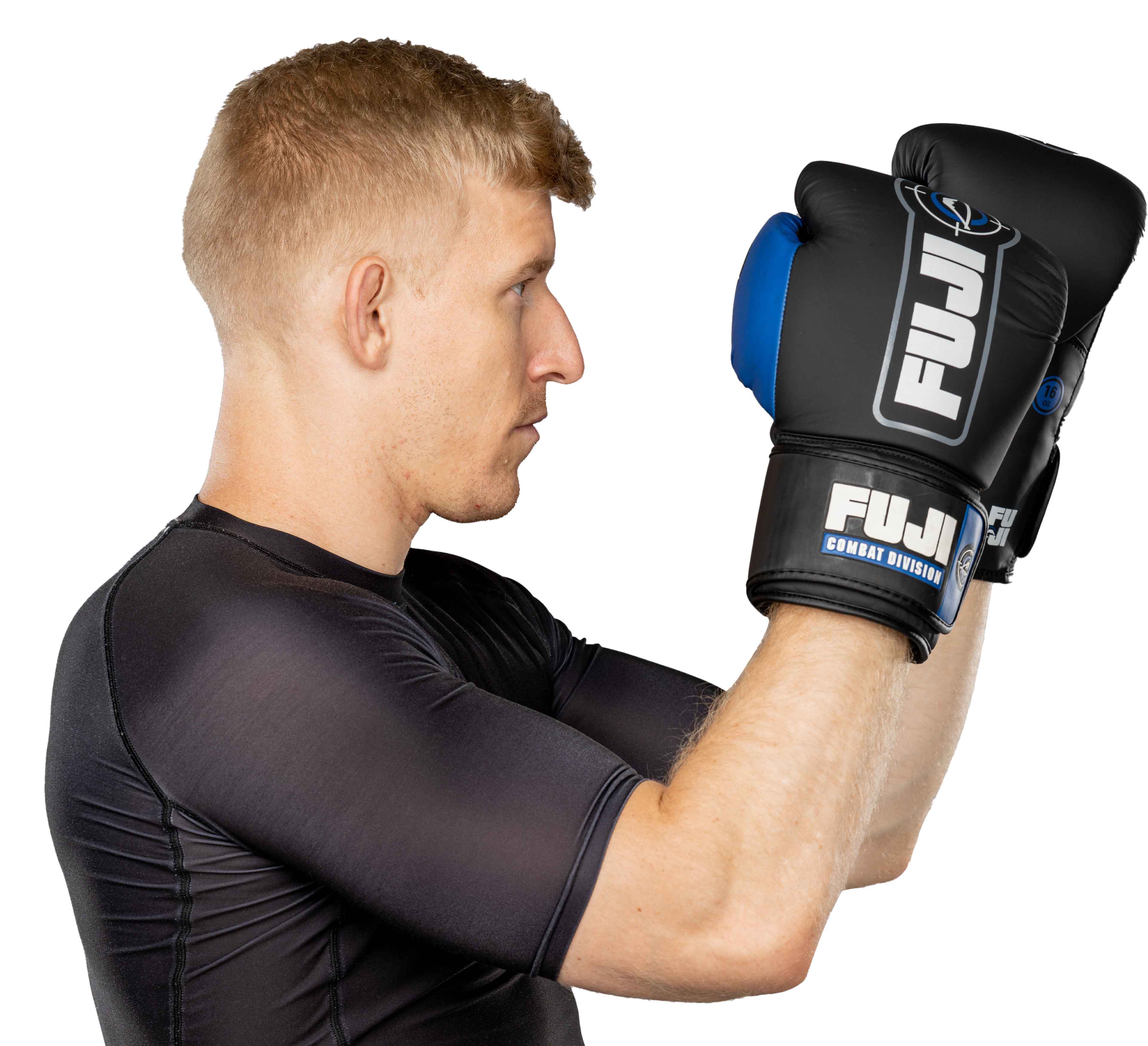 A man wearing Precision Boxing Gloves Blue.