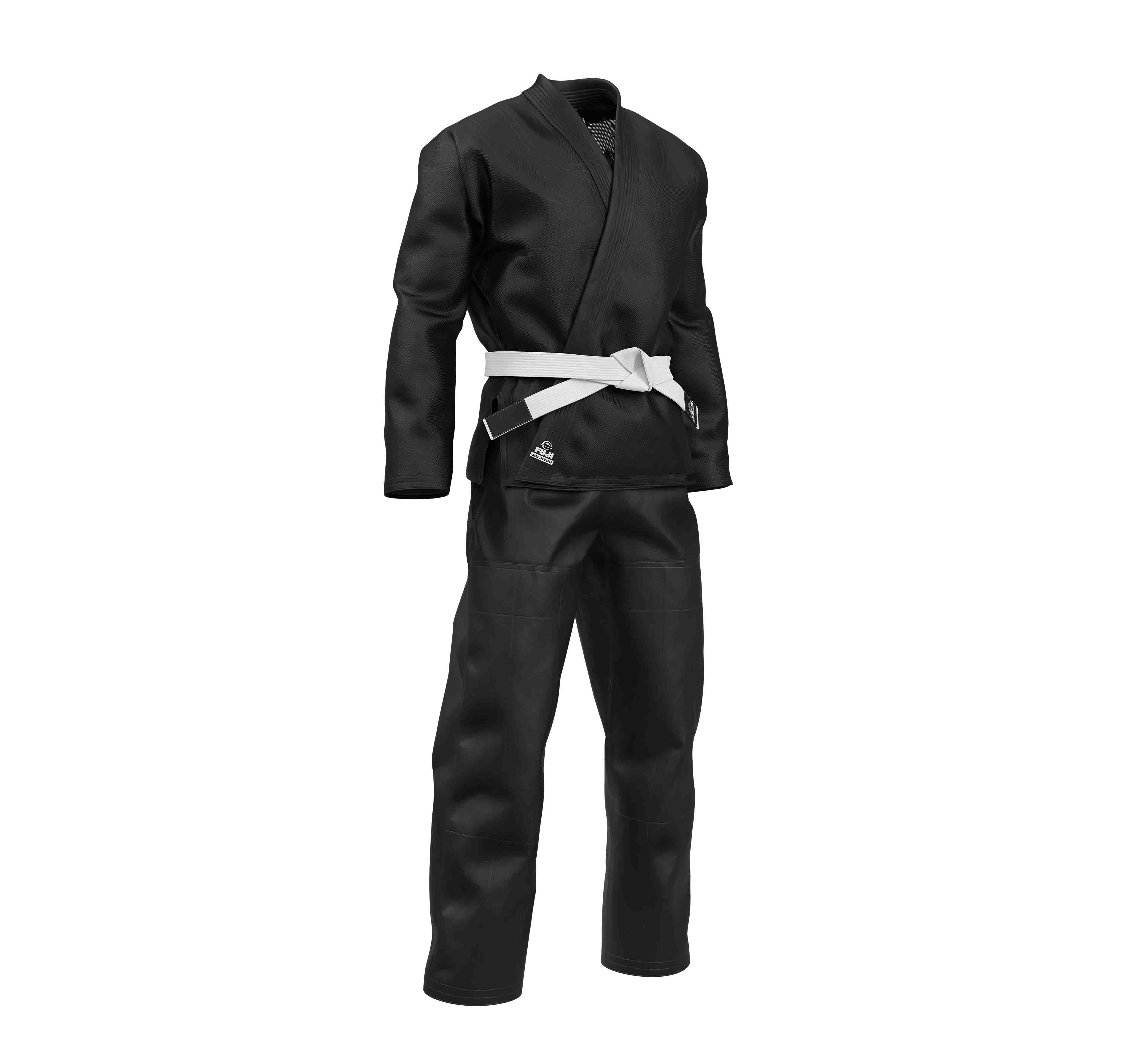 The Starter Kids BJJ Gi Black, paired with a white belt, is displayed on a featureless mannequin against a plain white background.
