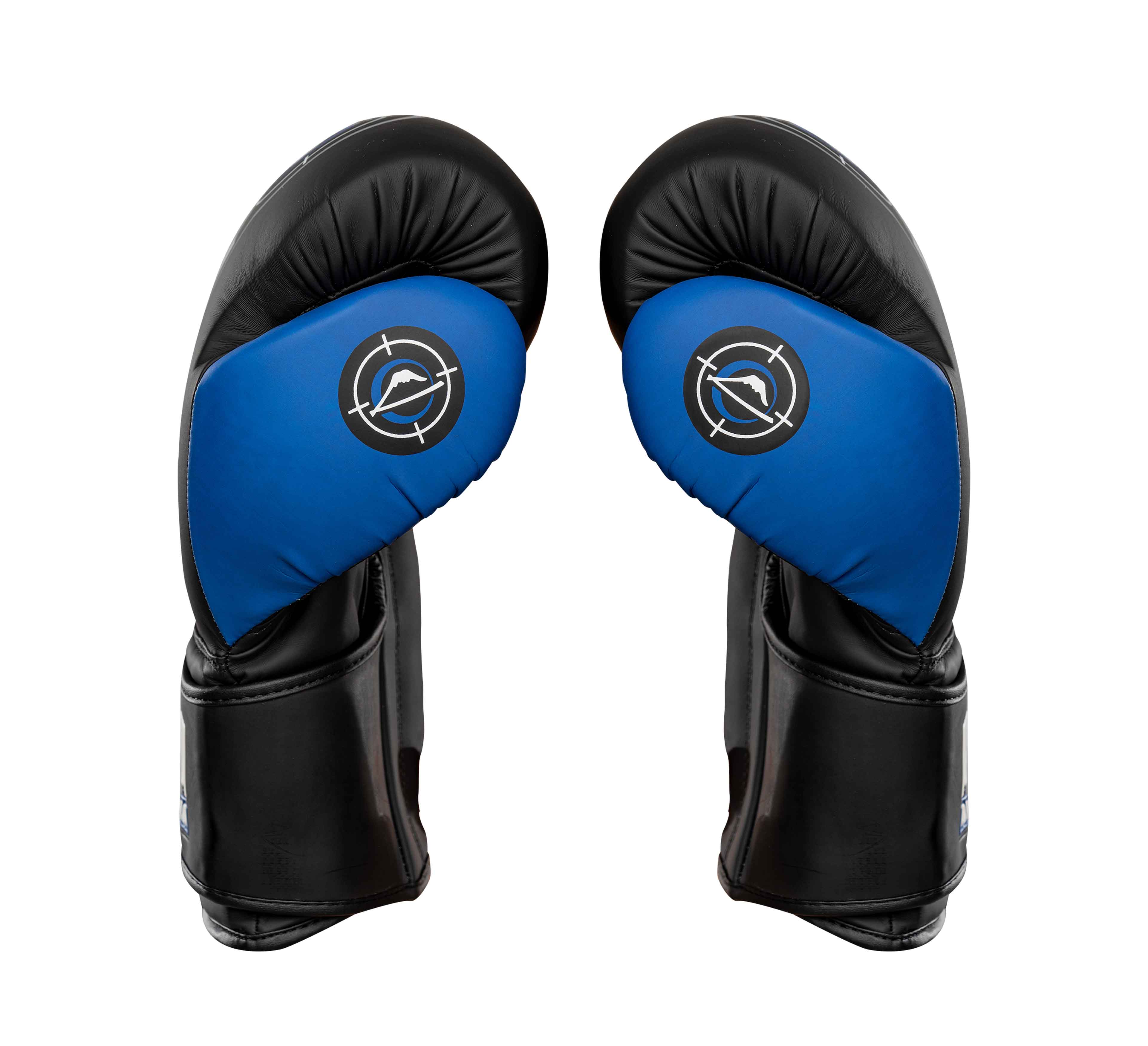 The Precision Boxing Gloves Blue feature black and blue colors with a circular logo on the backs, standing upright and facing each other against a white background.